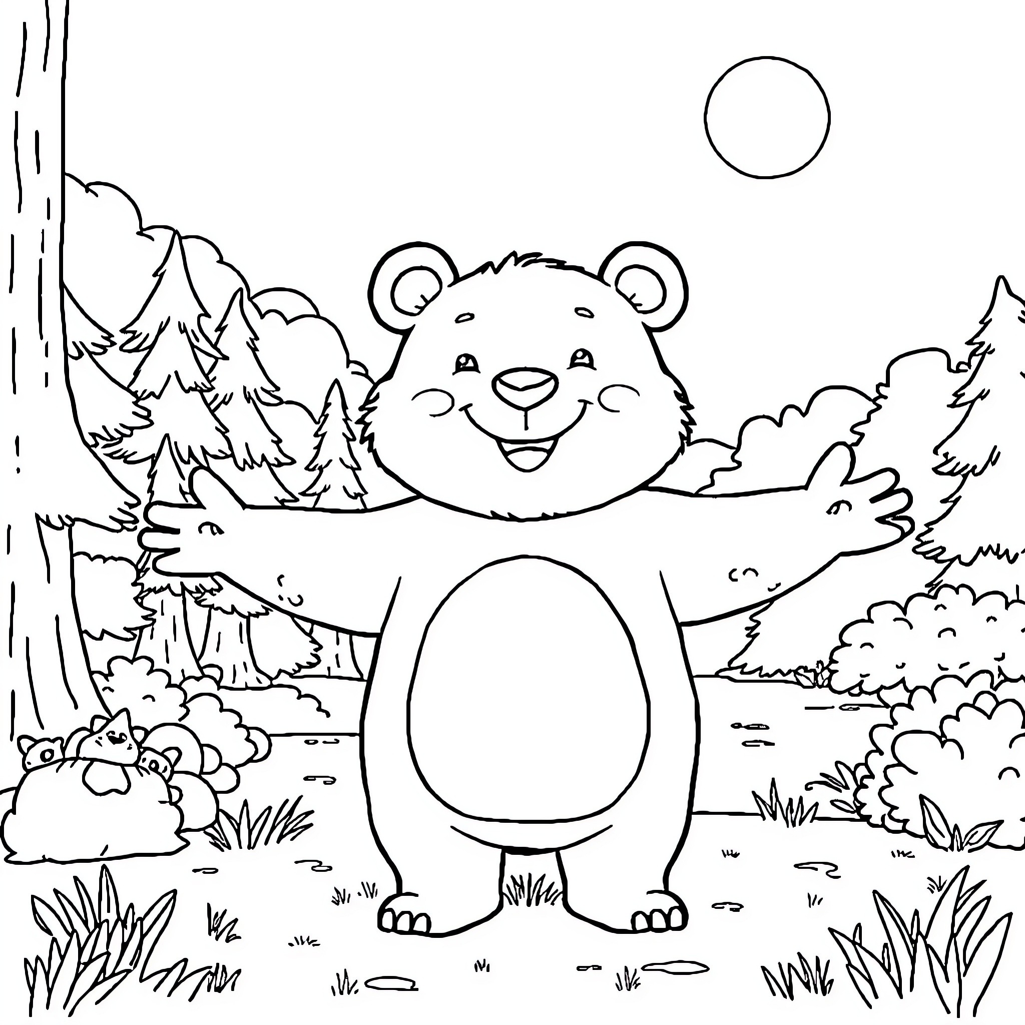 Bear enjoying nature in a scenic forest Coloring Page (free black-and-white line drawing printable PDF for all, from beginners to advanced learners, including children, teens, adults, and seniors)