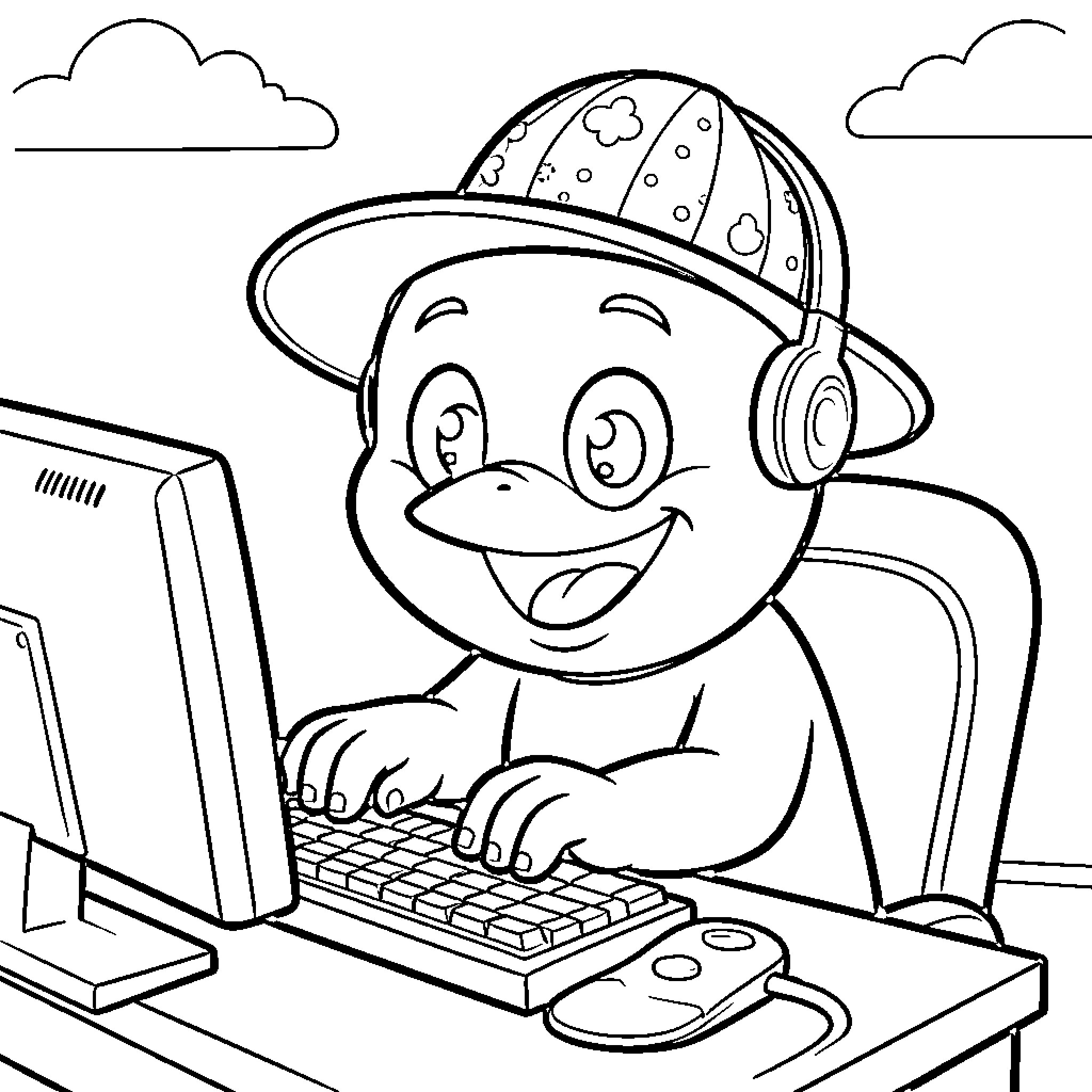Quackity Gaming with Headphones and Computer Coloring Page (free black-and-white line drawing printable PDF for all, from beginners to advanced learners, including children, teens, adults, and seniors)