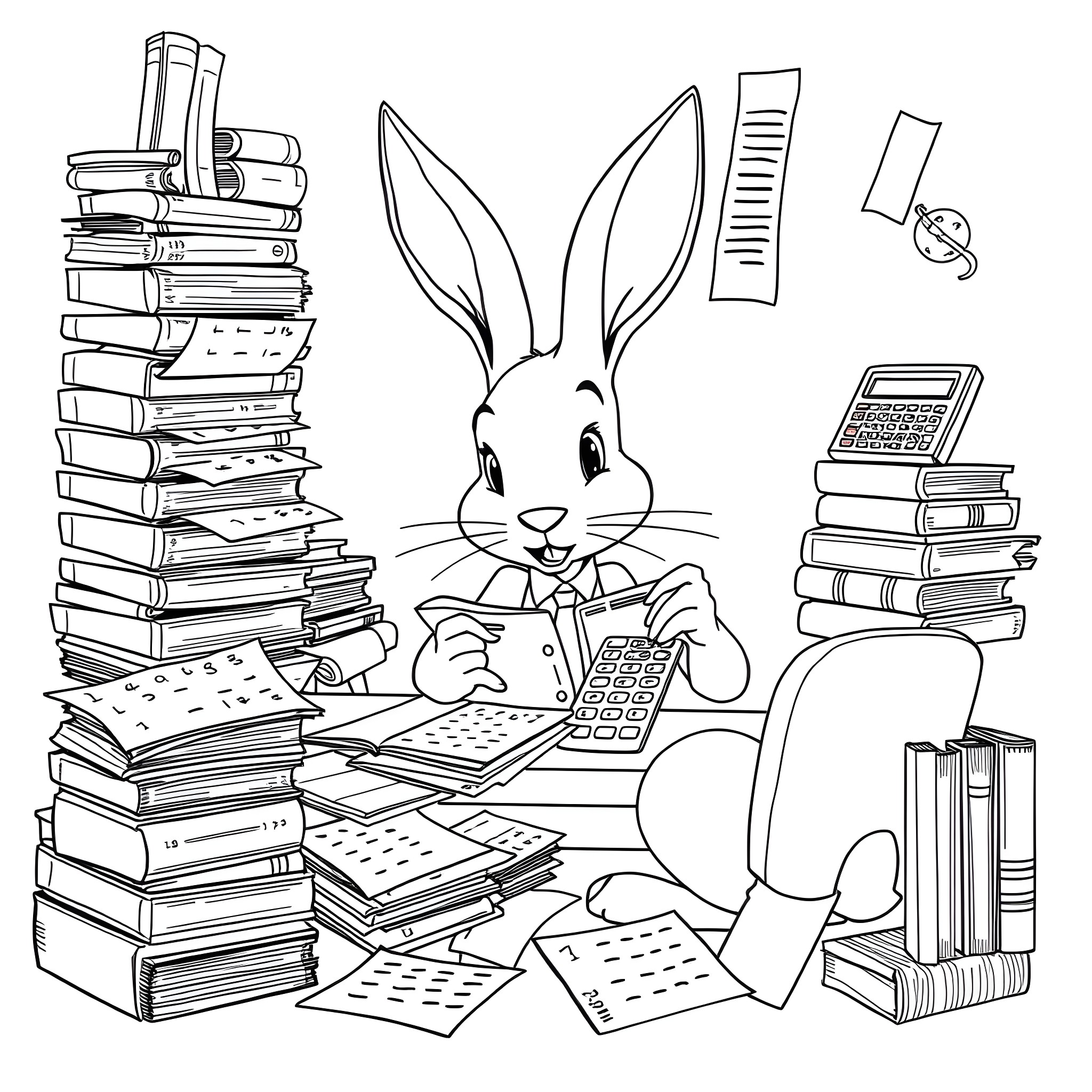 Rabbit studying diligently at a desk surrounded by books Coloring Page (free black-and-white line drawing printable PDF for all, from beginners to advanced learners, including children, teens, adults, and seniors)