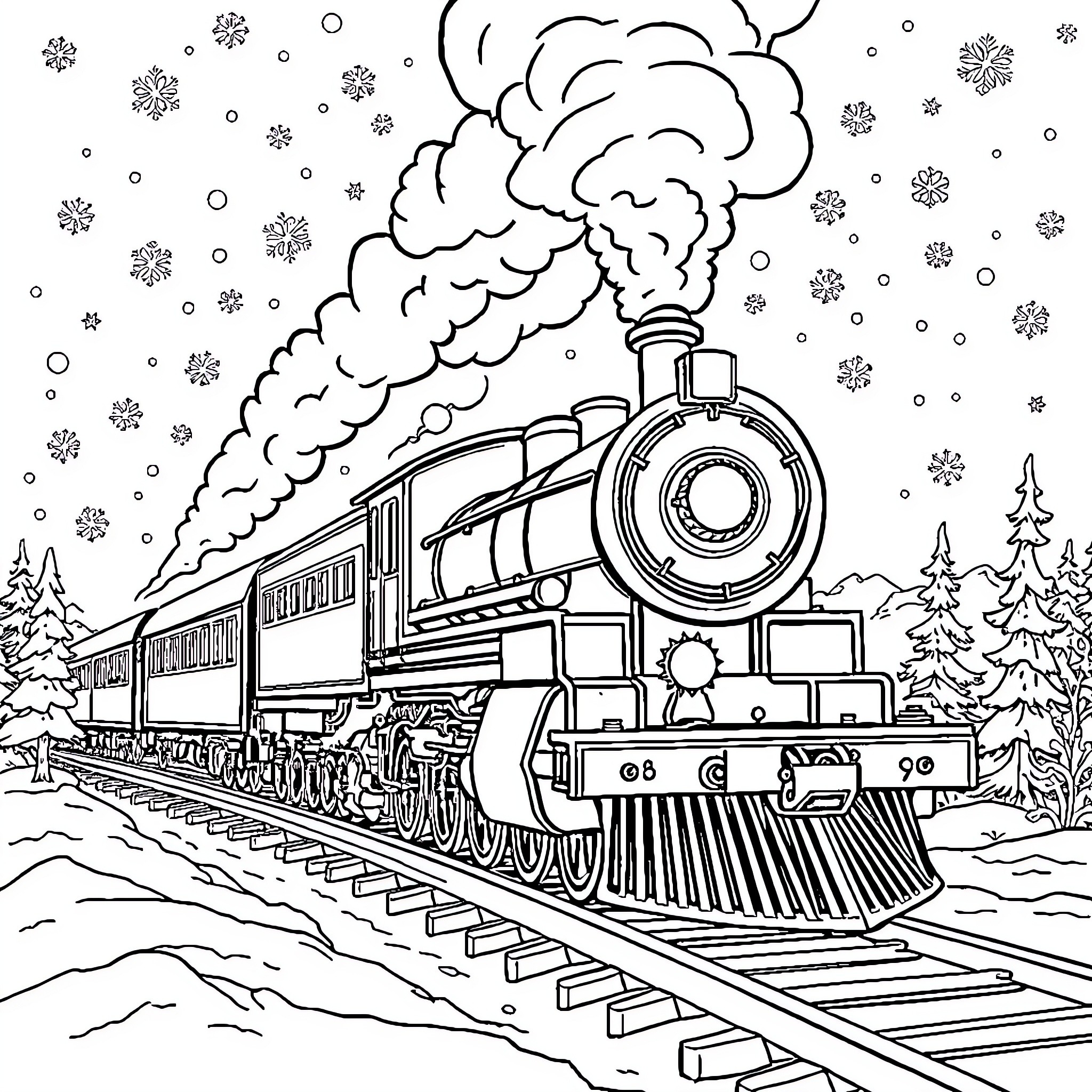 Polar Express train steaming through snowy landscape Coloring Page (free black-and-white line drawing printable PDF for all, from beginners to advanced learners, including children, teens, adults, and seniors)
