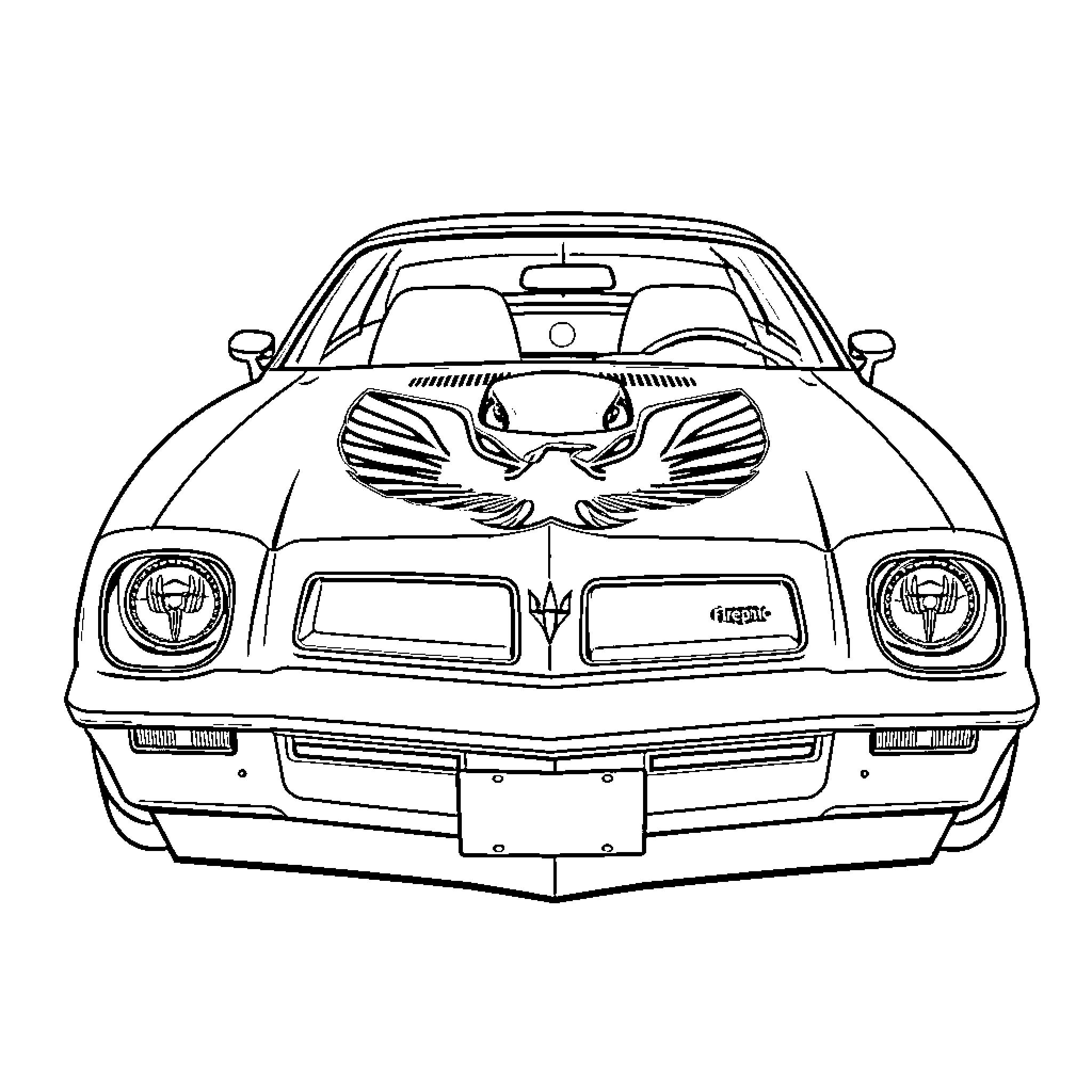 Pontiac Firebird with Eagle Emblem in Outline Coloring Page (free black-and-white line drawing printable PDF for all, from beginners to advanced learners, including children, teens, adults, and seniors)