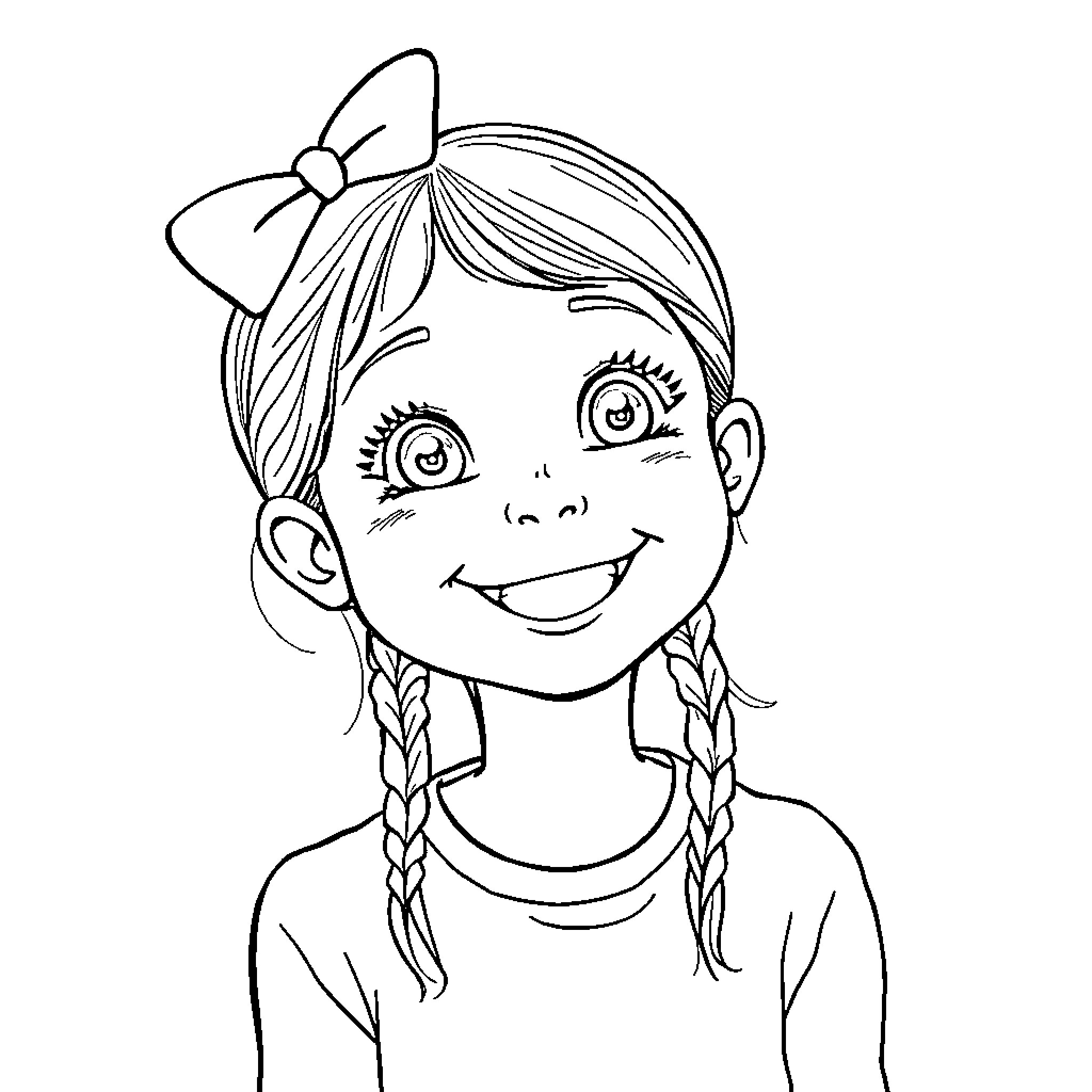 Girl with braids and a bow enjoying a happy expression Coloring Page (free black-and-white line drawing printable PDF for all, from beginners to advanced learners, including children, teens, adults, and seniors)