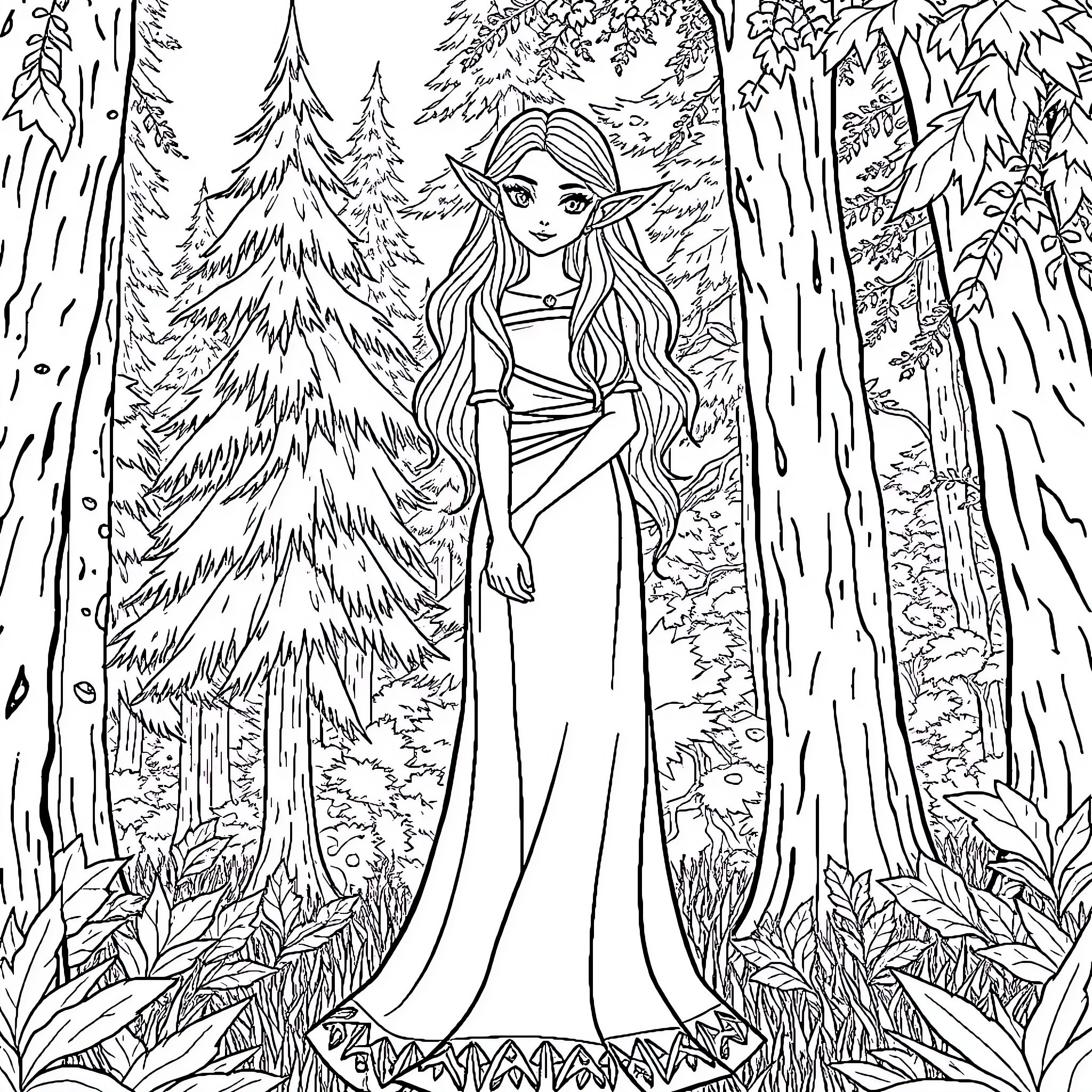 Elf maiden in the enchanted forest Coloring Page (free black-and-white line drawing printable PDF for all, from beginners to advanced learners, including children, teens, adults, and seniors)