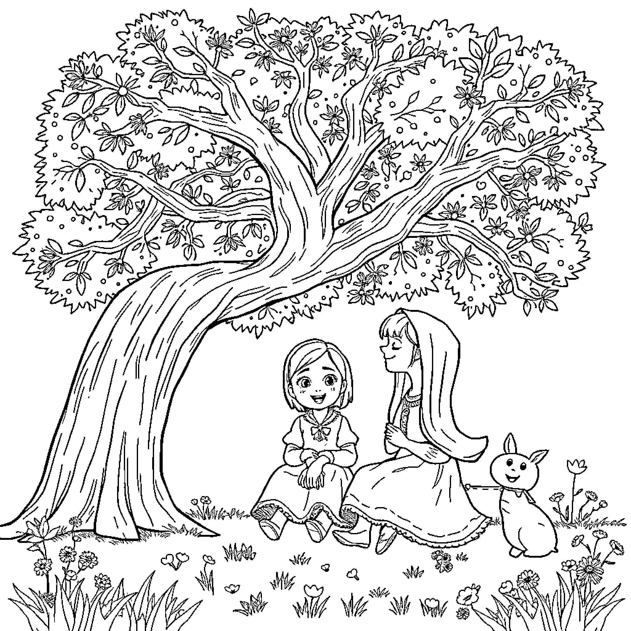 Masha's Peaceful Afternoon in the Enchanted Forest Coloring Page (free black-and-white line drawing printable PDF for all, from beginners to advanced learners, including children, teens, adults, and seniors)