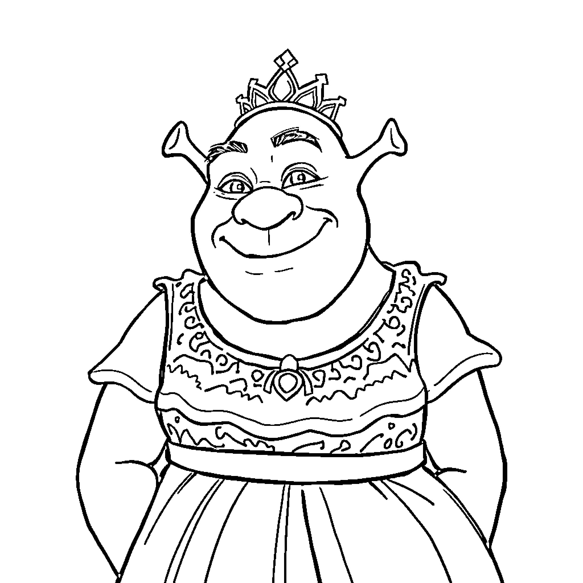 Shrek as a Jovial and Elaborately Dressed Royal Coloring Page (free black-and-white line drawing printable PDF for all, from beginners to advanced learners, including children, teens, adults, and seniors)