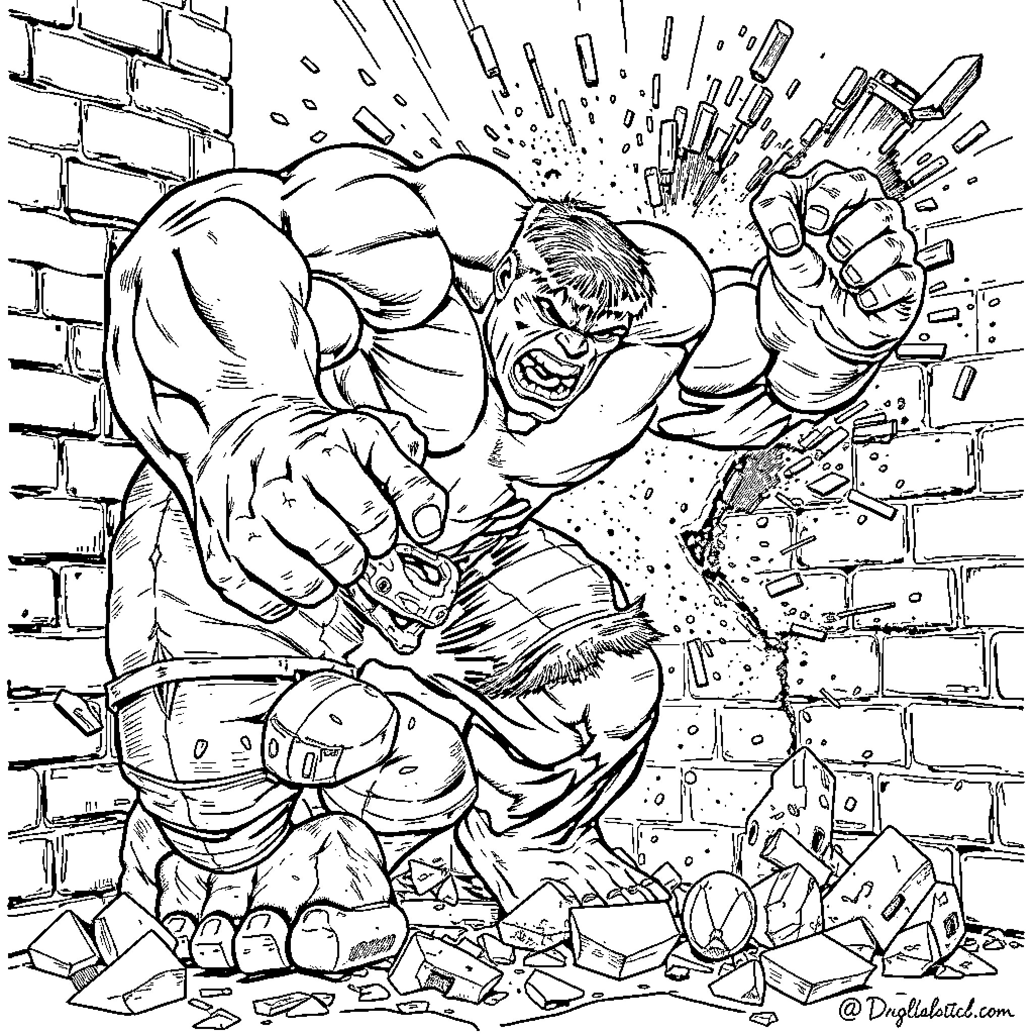 Hulk breaking through a brick wall Coloring Page (free black-and-white line drawing printable PDF for all, from beginners to advanced learners, including children, teens, adults, and seniors)