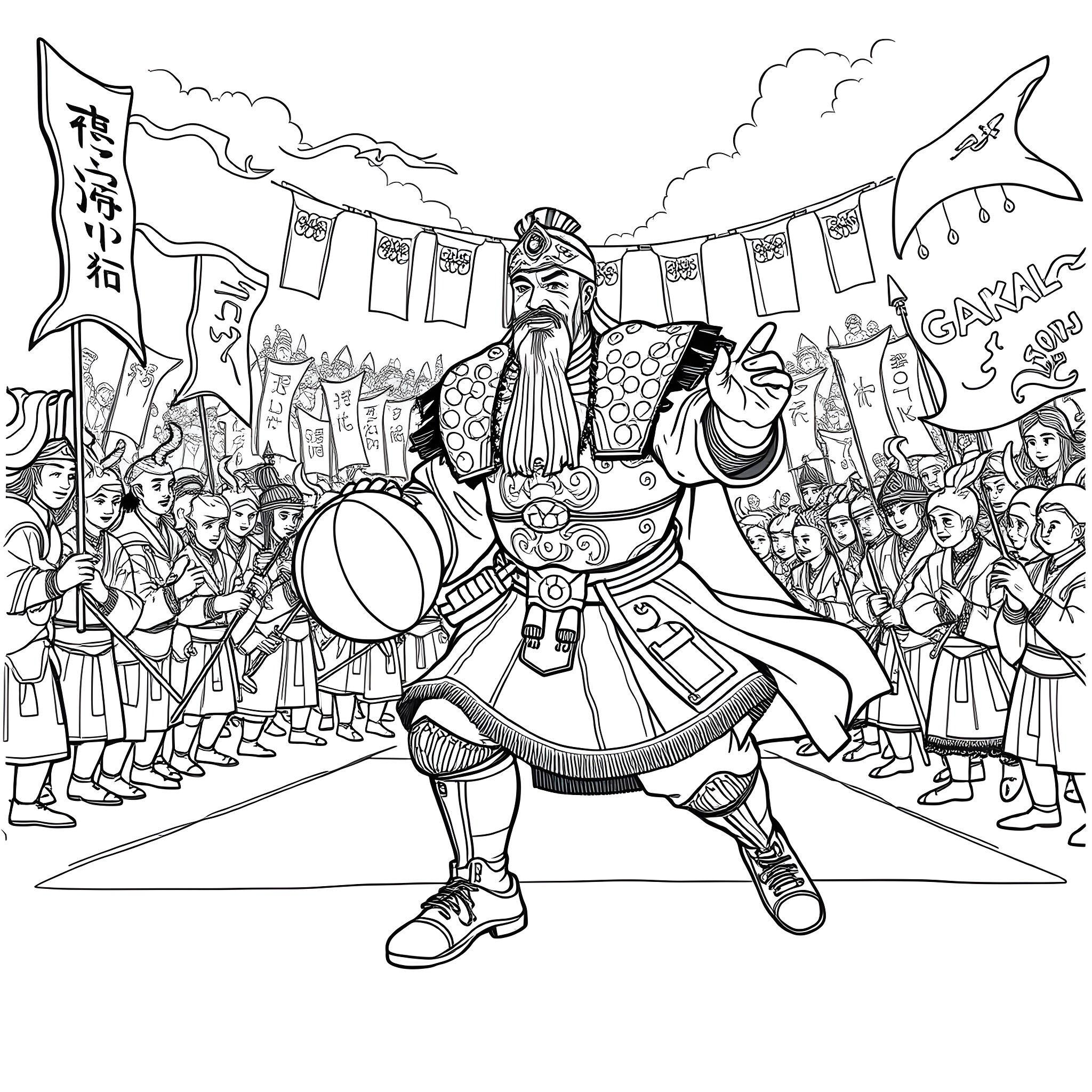 Ghengis Khan leading his army in a grand parade Coloring Page (free black-and-white line drawing printable PDF for all, from beginners to advanced learners, including children, teens, adults, and seniors)