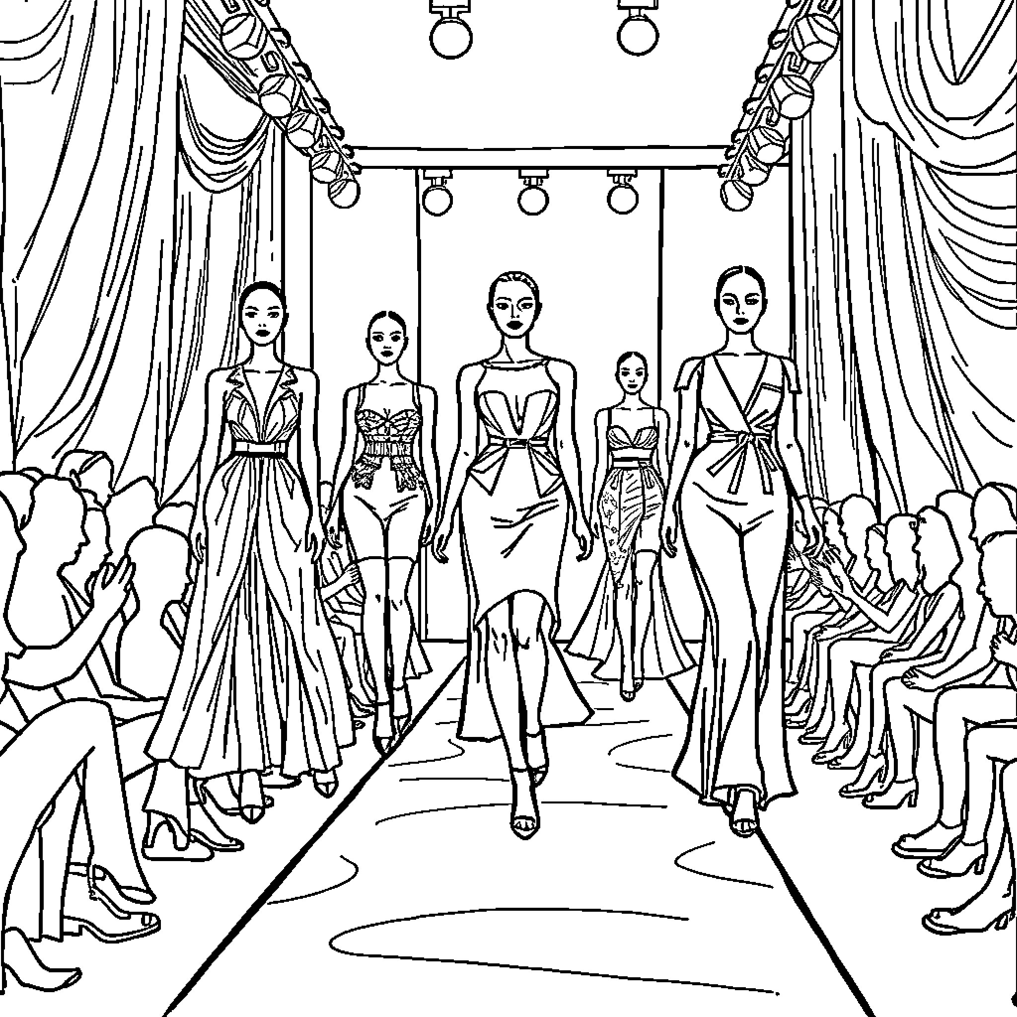 Fashion Show Featuring Elegant Outfits and Models Coloring Page (free black-and-white line drawing printable PDF for all, from beginners to advanced learners, including children, teens, adults, and seniors)