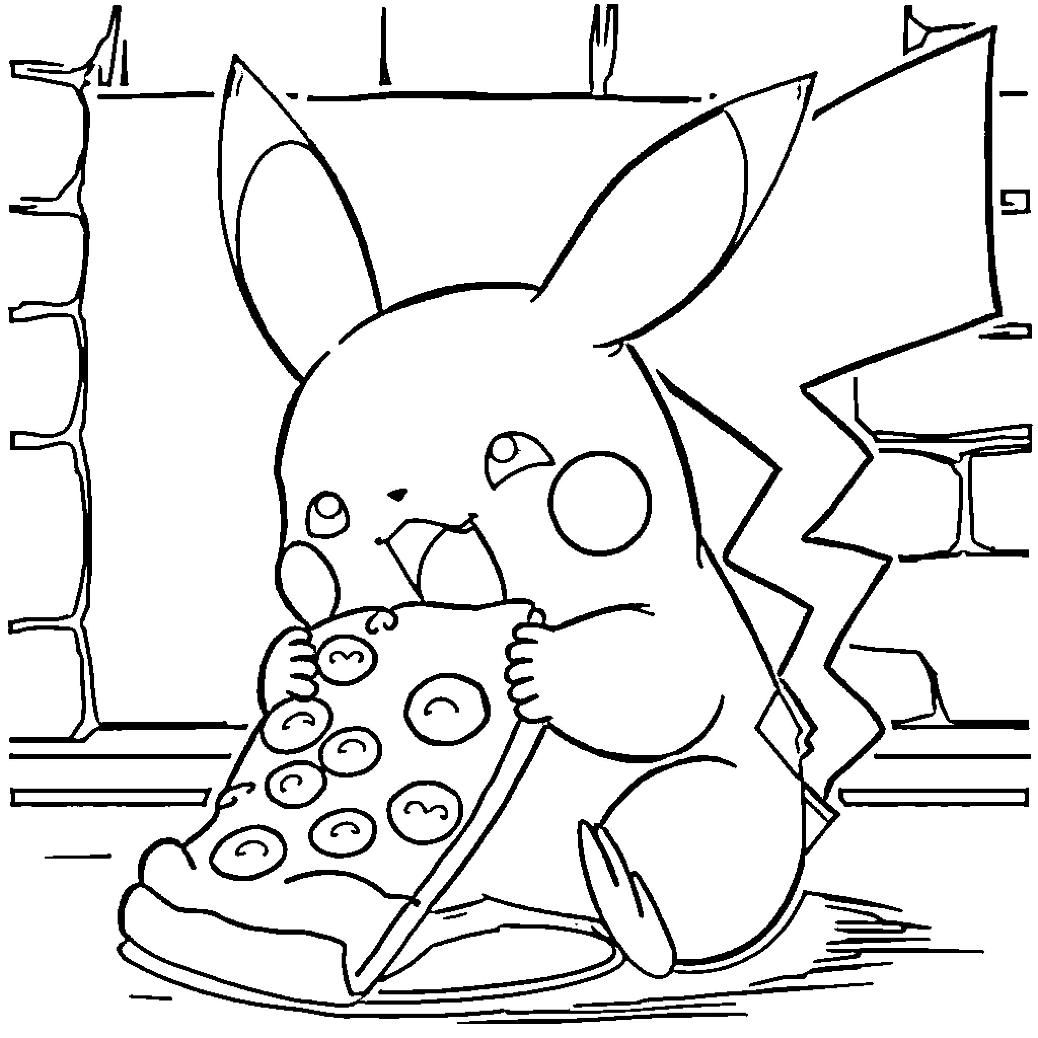 Pikachu enjoying a slice of pizza Coloring Page (free black-and-white line drawing printable PDF for all, from beginners to advanced learners, including children, teens, adults, and seniors)