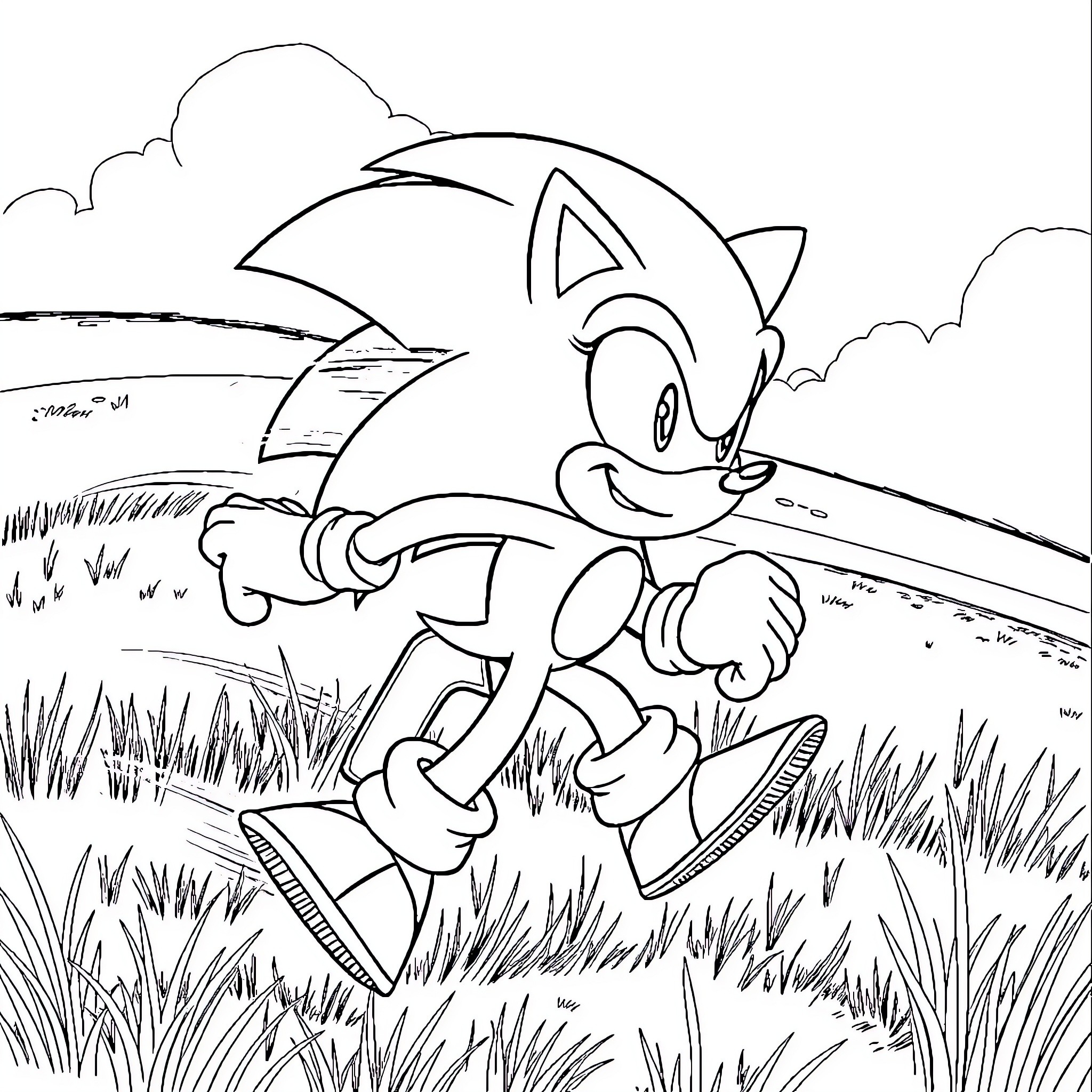 Sonic the Hedgehog running through a grassy field Coloring Page (free black-and-white line drawing printable PDF for all, from beginners to advanced learners, including children, teens, adults, and seniors)