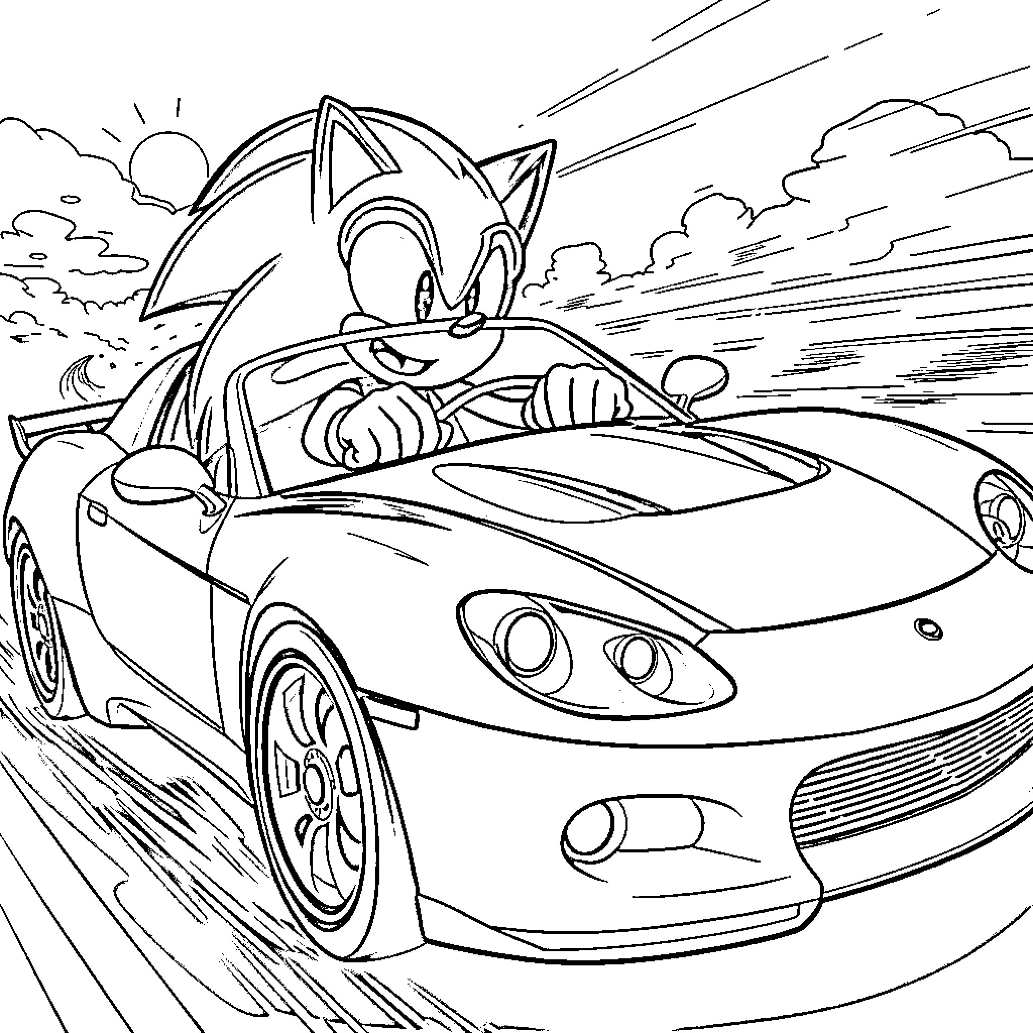 Sonic speeding through the city in a cool sports car Coloring Page (free black-and-white line drawing printable PDF for all, from beginners to advanced learners, including children, teens, adults, and seniors)