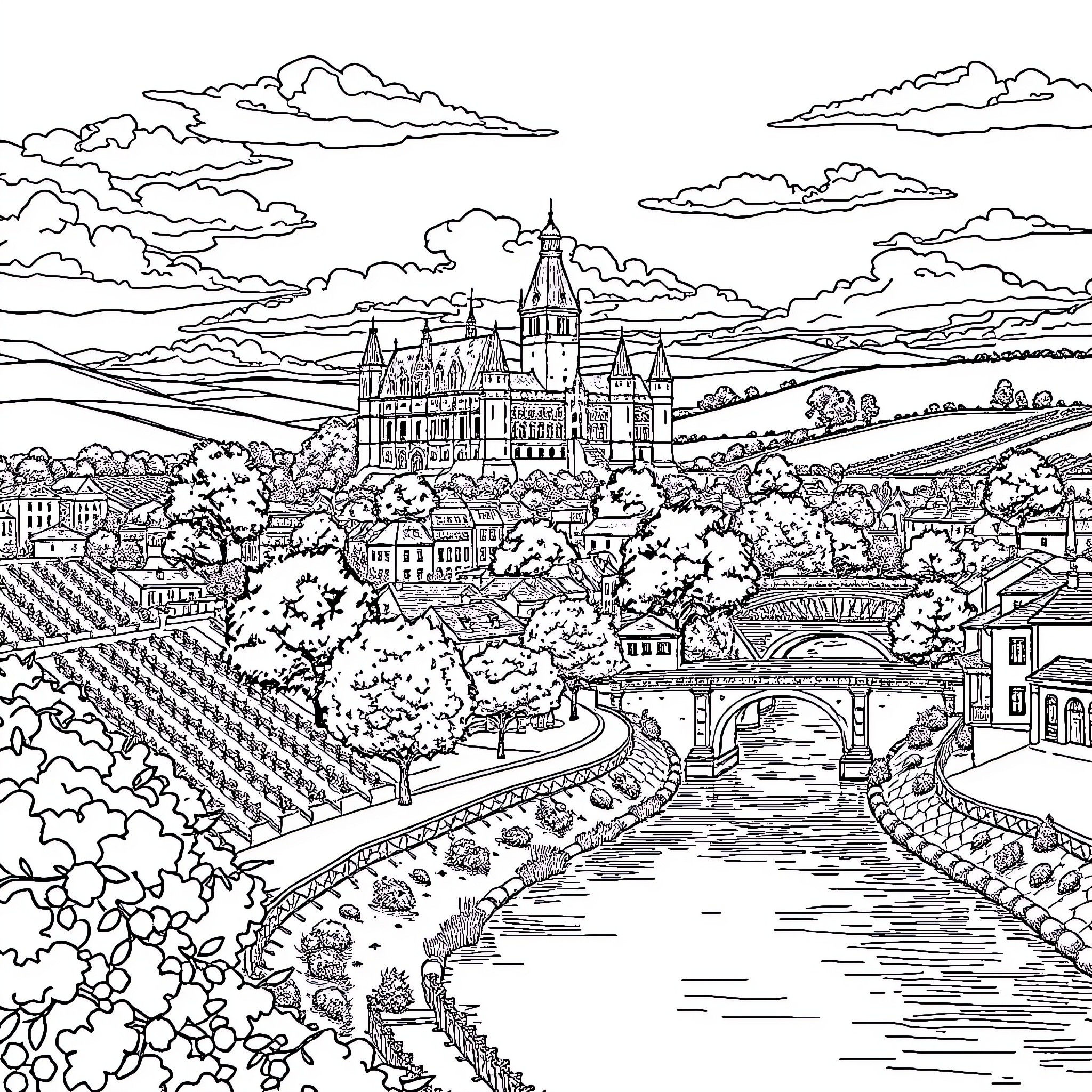 City of Castles and Tranquil Countryside Coloring Page (free black-and-white line drawing printable PDF for all, from beginners to advanced learners, including children, teens, adults, and seniors)