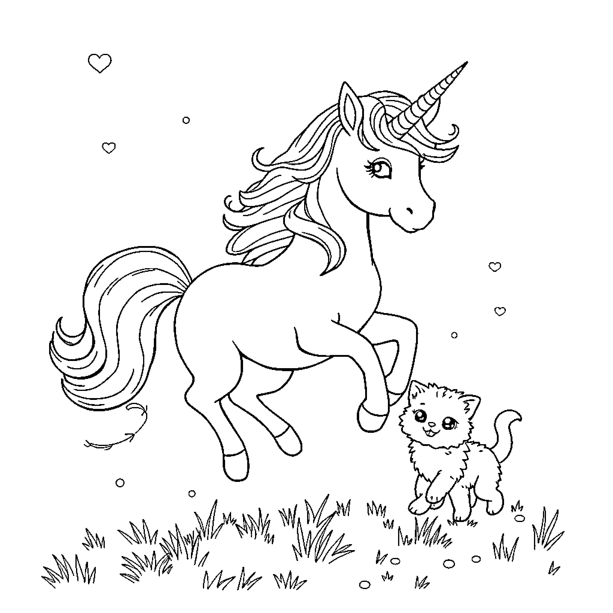 Unicorn and Kitten Strolling in the Meadow Coloring Page (free black-and-white line drawing printable PDF for all, from beginners to advanced learners, including children, teens, adults, and seniors)