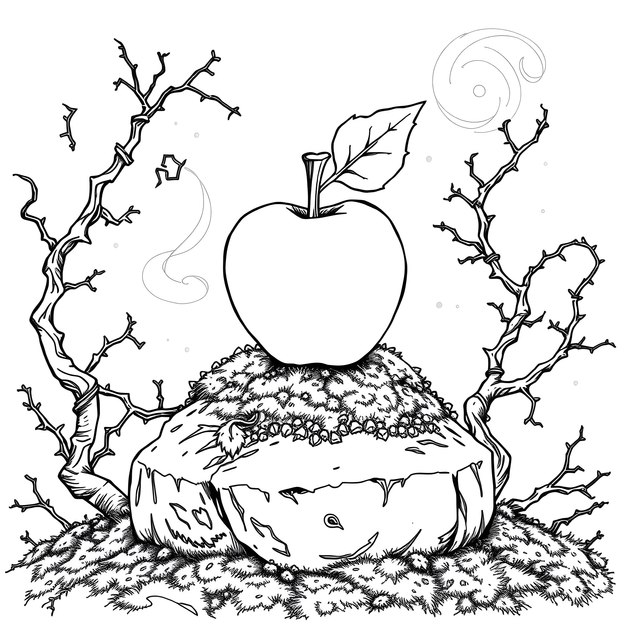 Poison Apple in the Magical Forest Coloring Page (free black-and-white line drawing printable PDF for all, from beginners to advanced learners, including children, teens, adults, and seniors)
