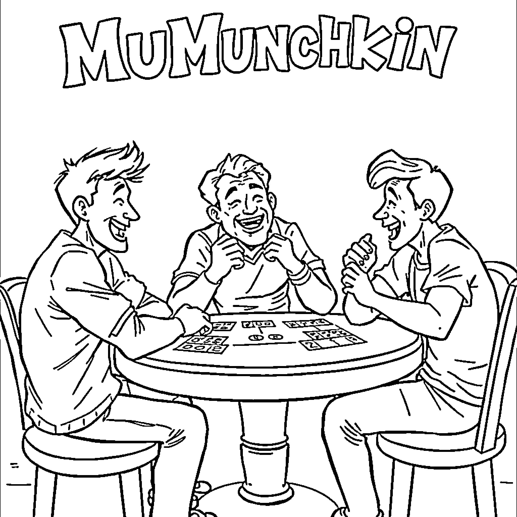 Dudes enjoying a board game together Coloring Page (free black-and-white line drawing printable PDF for all, from beginners to advanced learners, including children, teens, adults, and seniors)