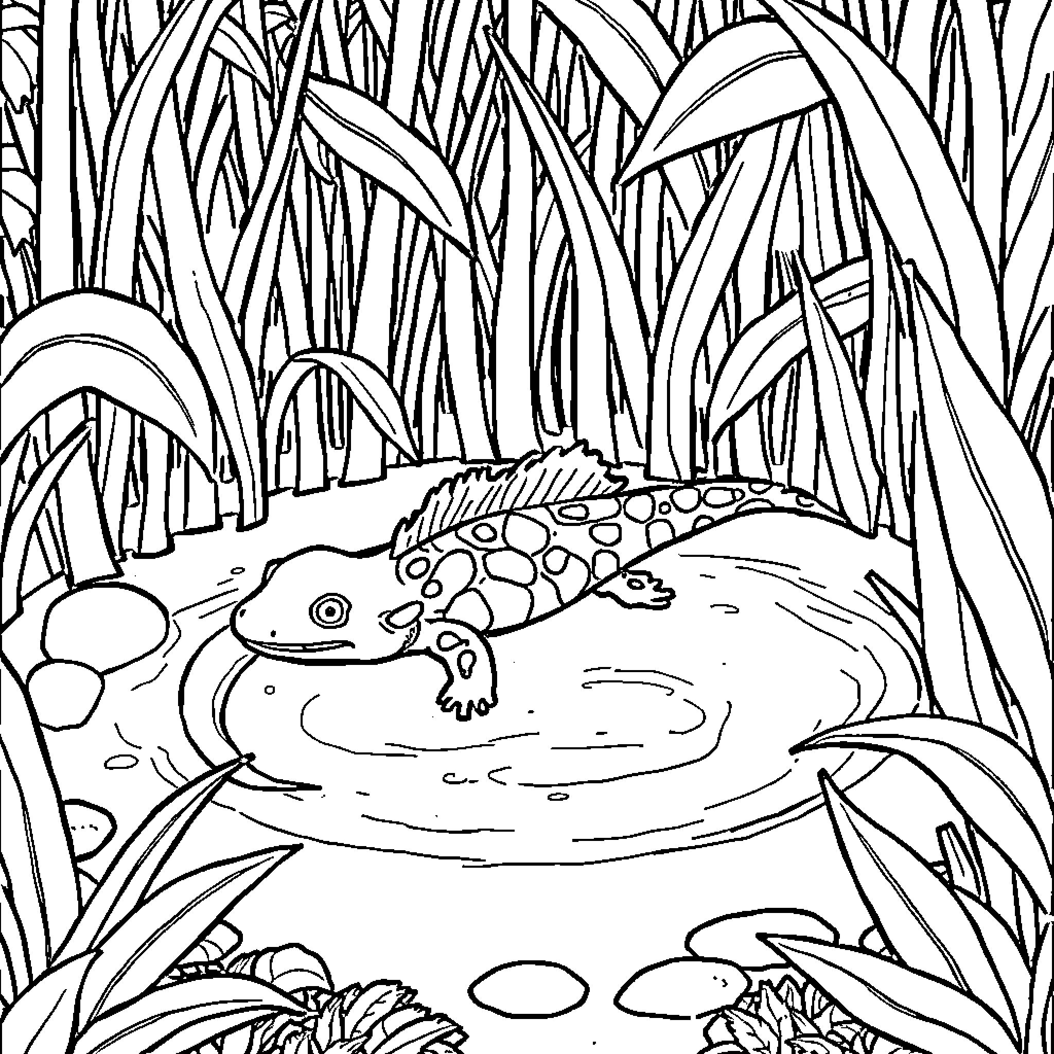 Axolotl swimming in the underwater garden Coloring Page (free black-and-white line drawing printable PDF for all, from beginners to advanced learners, including children, teens, adults, and seniors)