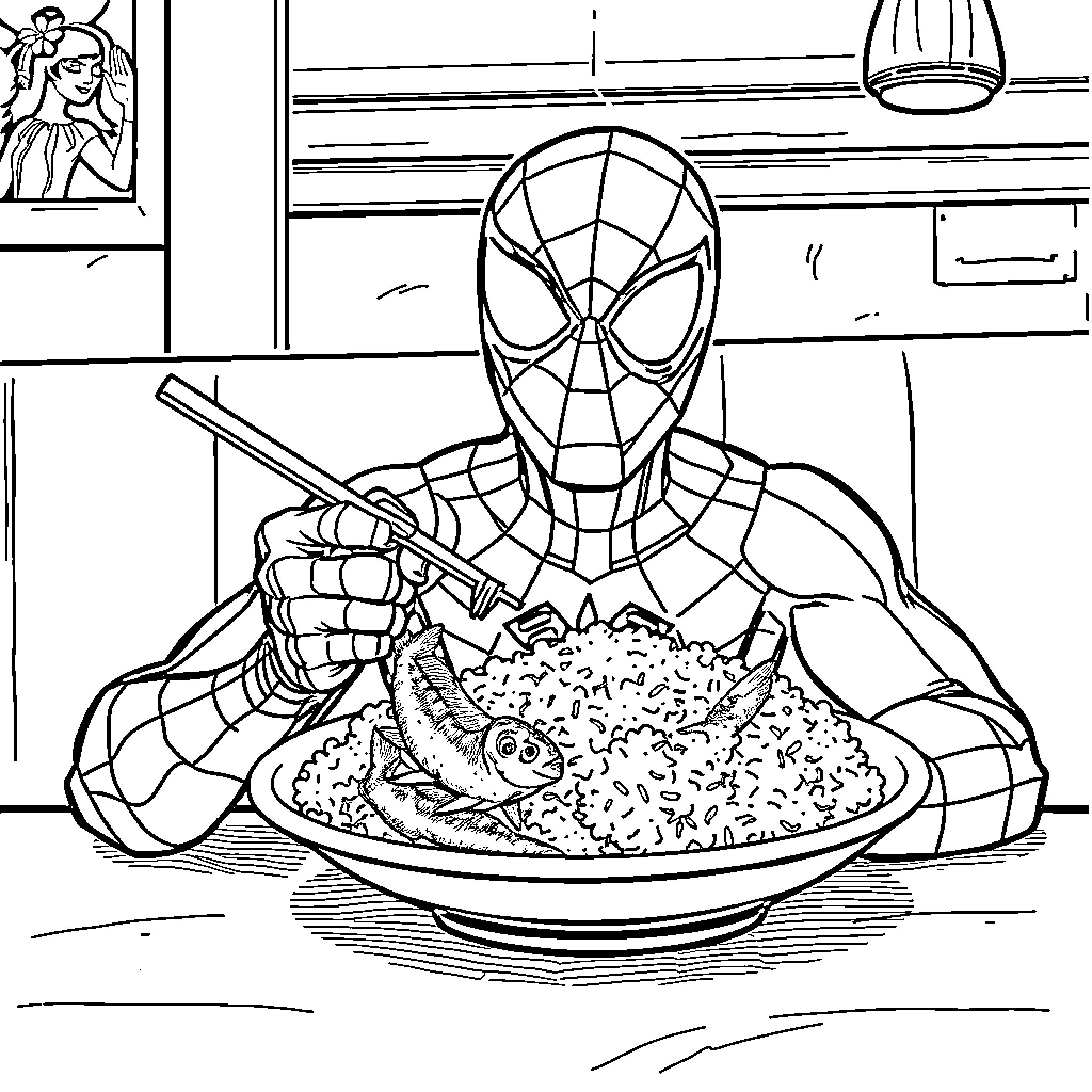 Spiderman enjoying a hearty meal in his residence Coloring Page (free black-and-white line drawing printable PDF for all, from beginners to advanced learners, including children, teens, adults, and seniors)