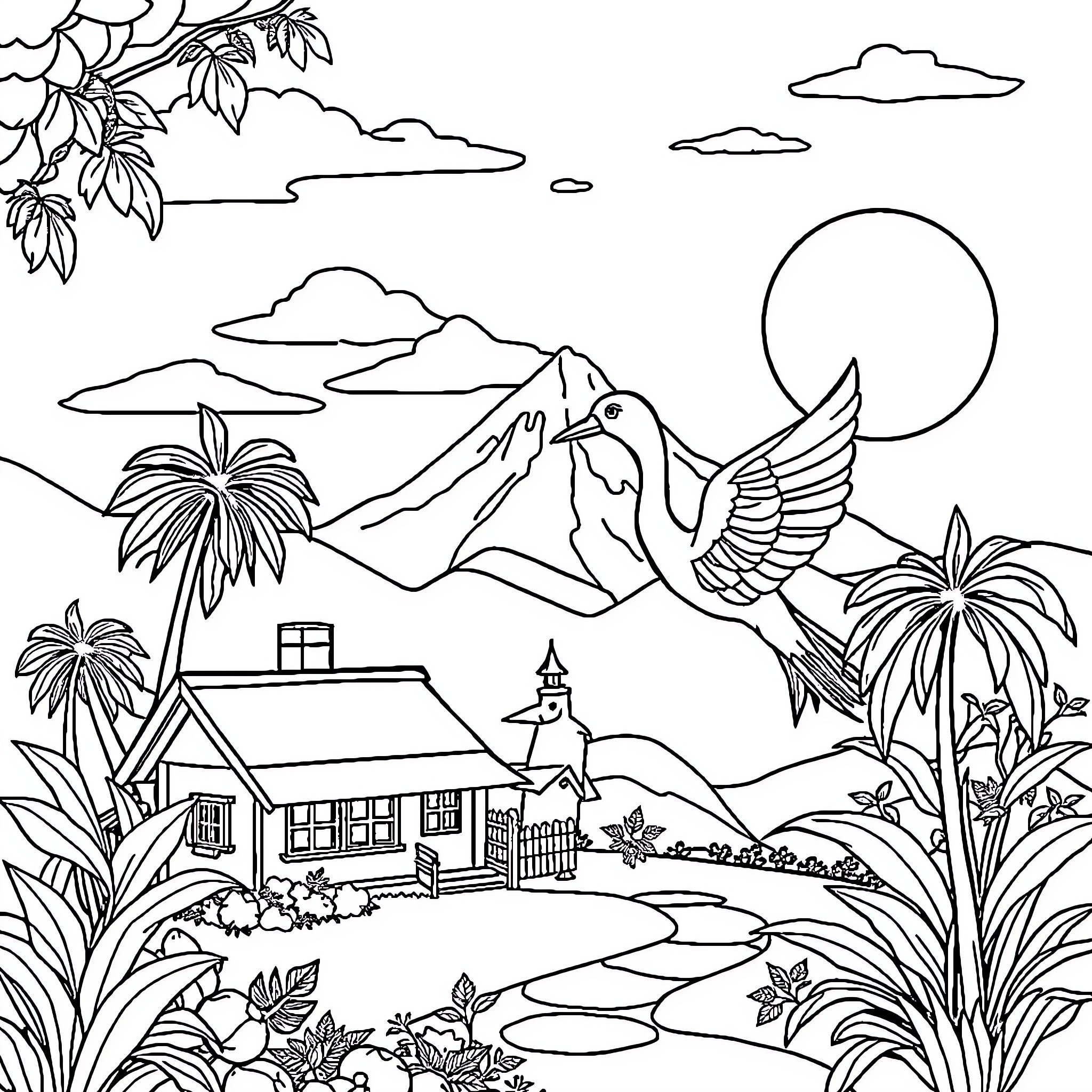Nature's Tranquil Landscape with Bird in Flight Coloring Page (free black-and-white line drawing printable PDF for all, from beginners to advanced learners, including children, teens, adults, and seniors)