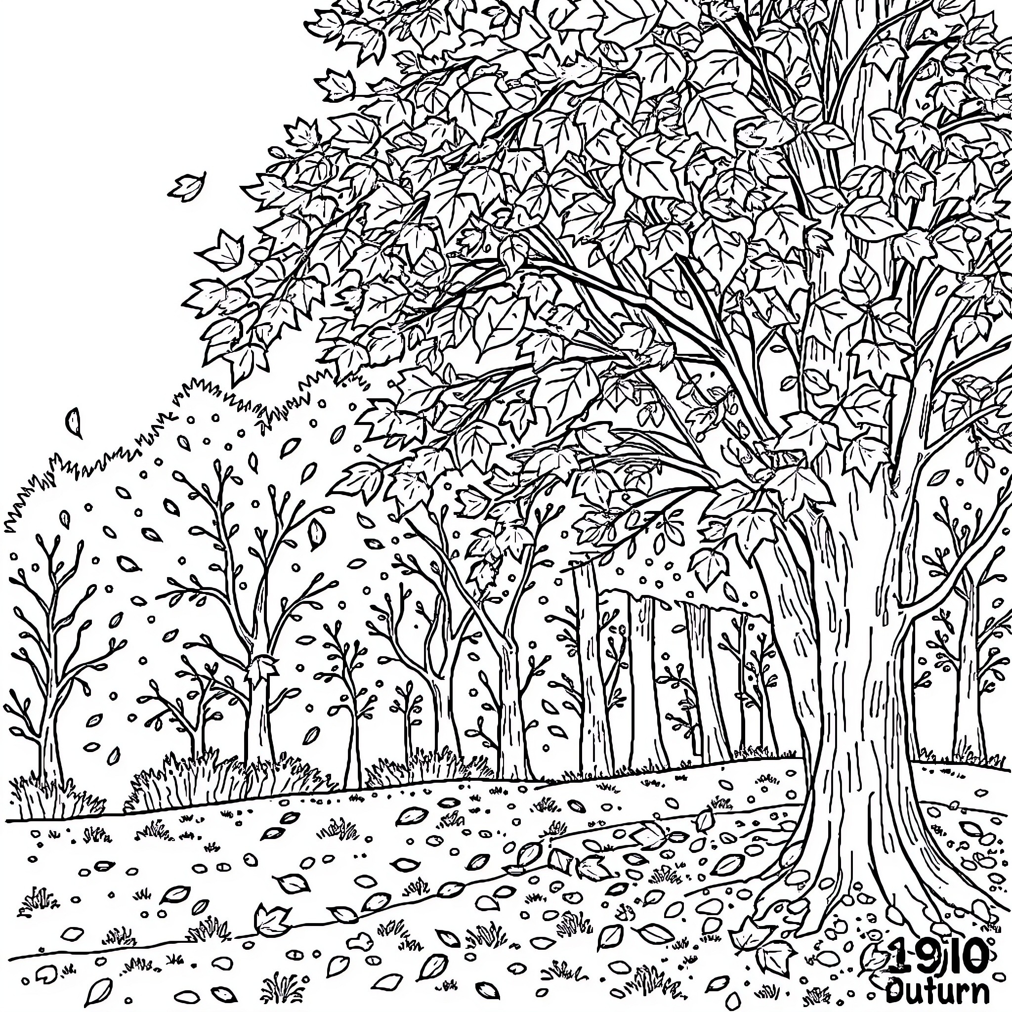 Autumn Wonderland: Vibrant Foliage and Falling Leaves Coloring Page (free black-and-white line drawing printable PDF for all, from beginners to advanced learners, including children, teens, adults, and seniors)