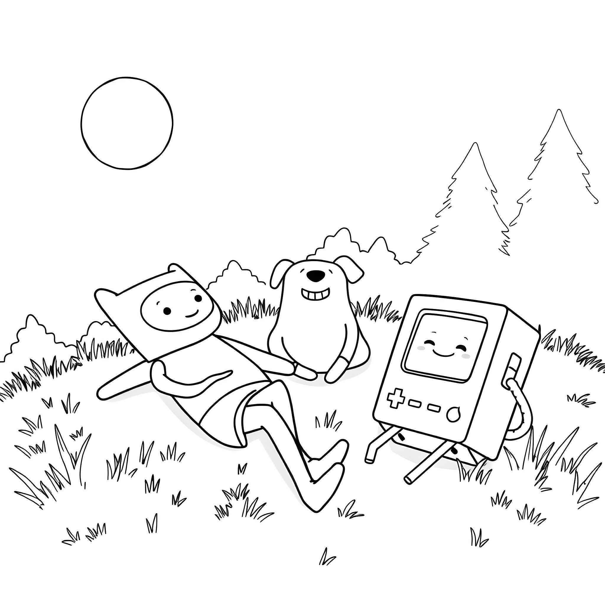 Finn and friends explore the enchanted forest Coloring Page (free black-and-white line drawing printable PDF for all, from beginners to advanced learners, including children, teens, adults, and seniors)