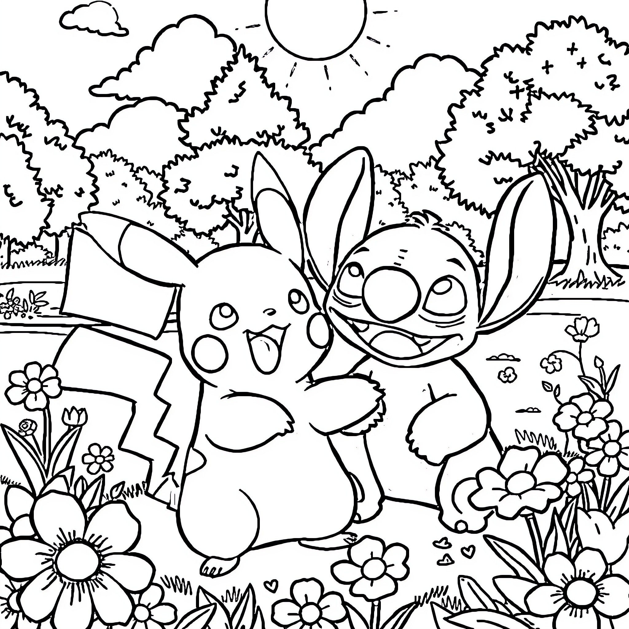 Pikachu enjoying a sunny day in the flower garden Coloring Page (free black-and-white line drawing printable PDF for all, from beginners to advanced learners, including children, teens, adults, and seniors)
