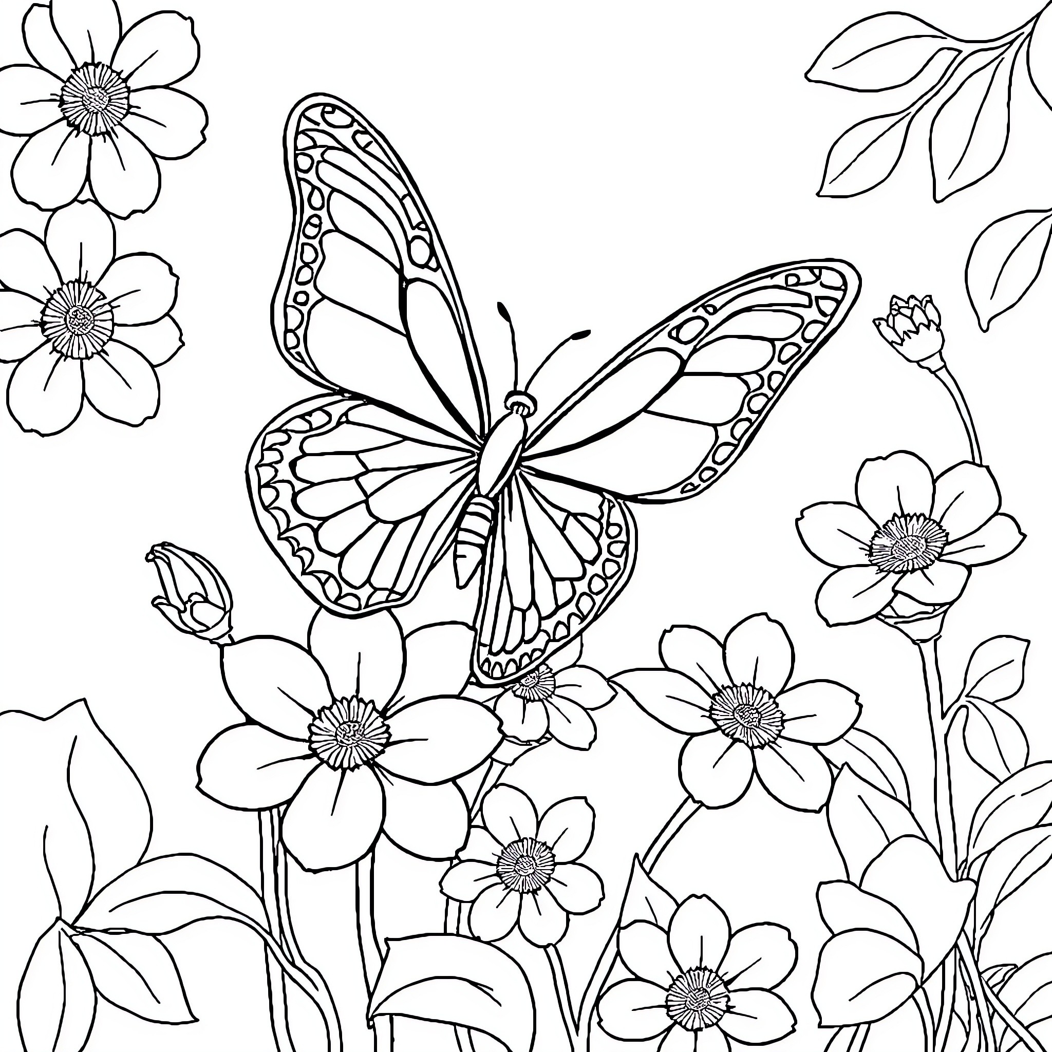 Butterfly among beautiful flowers in nature Coloring Page (free black-and-white line drawing printable PDF for all, from beginners to advanced learners, including children, teens, adults, and seniors)