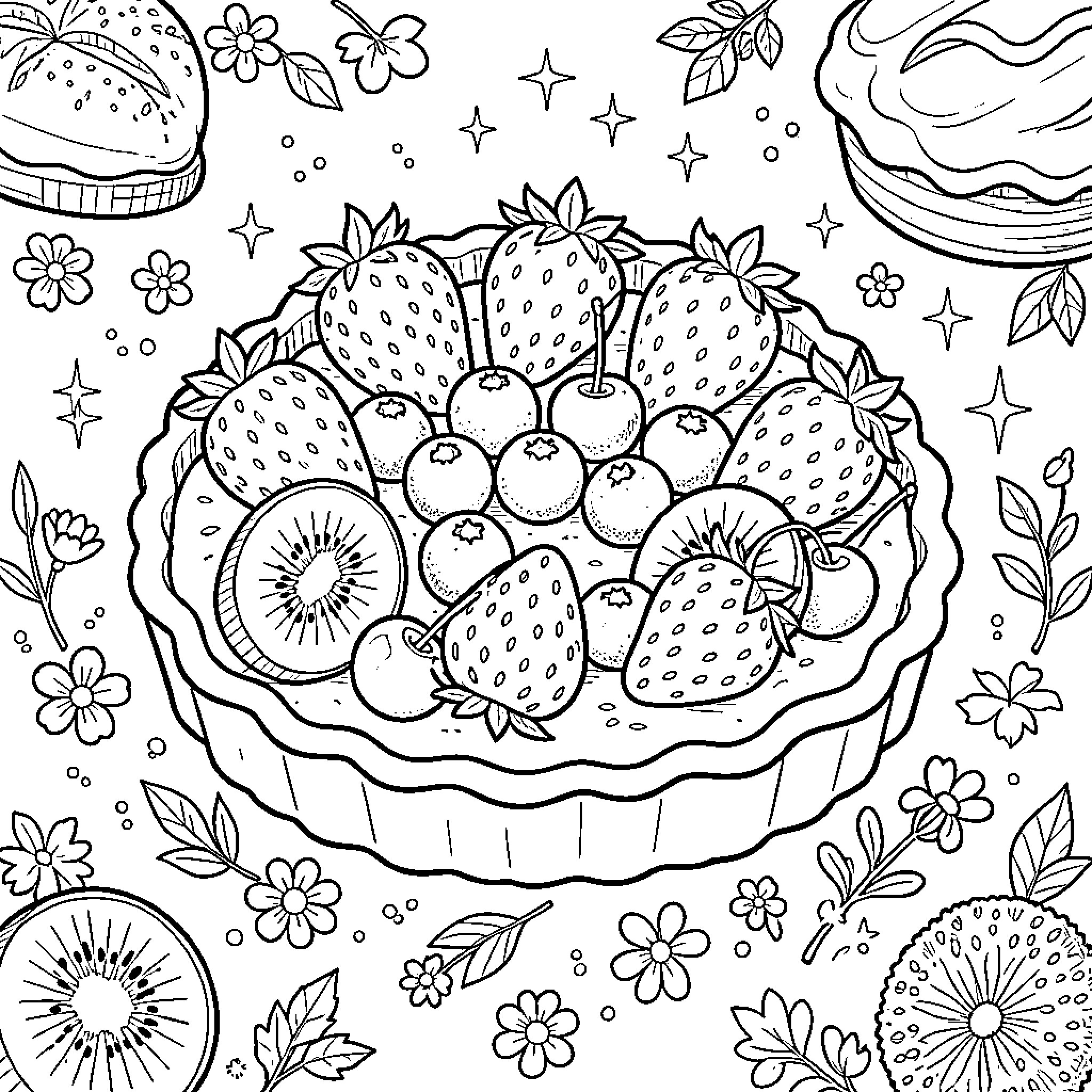 Fruit Tart adorned with various fresh fruits Coloring Page (free black-and-white line drawing printable PDF for all, from beginners to advanced learners, including children, teens, adults, and seniors)