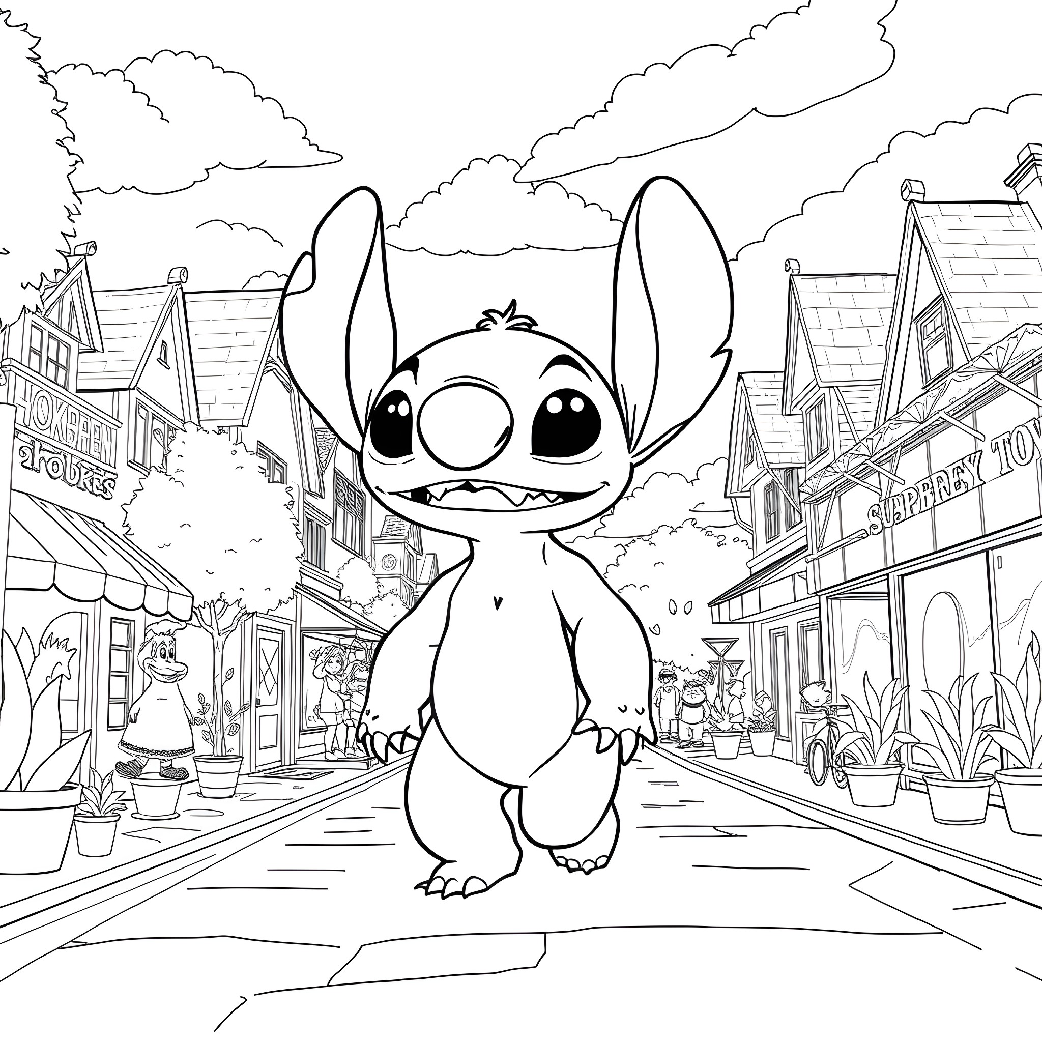 Stitch exploring the vibrant town Coloring Page (free black-and-white line drawing printable PDF for all, from beginners to advanced learners, including children, teens, adults, and seniors)