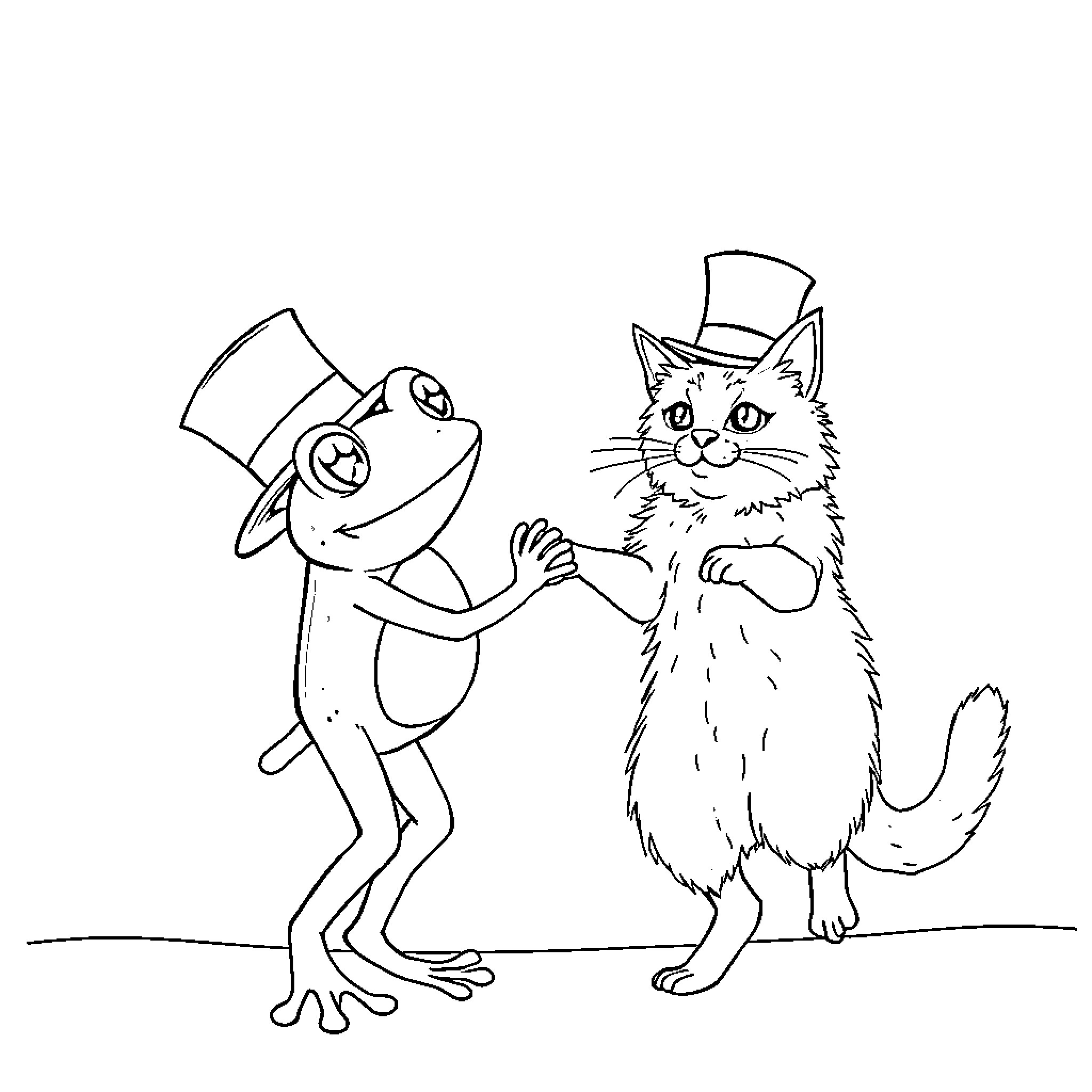 Frog and cat in amusing costumes Coloring Page (free black-and-white line drawing printable PDF for all, from beginners to advanced learners, including children, teens, adults, and seniors)