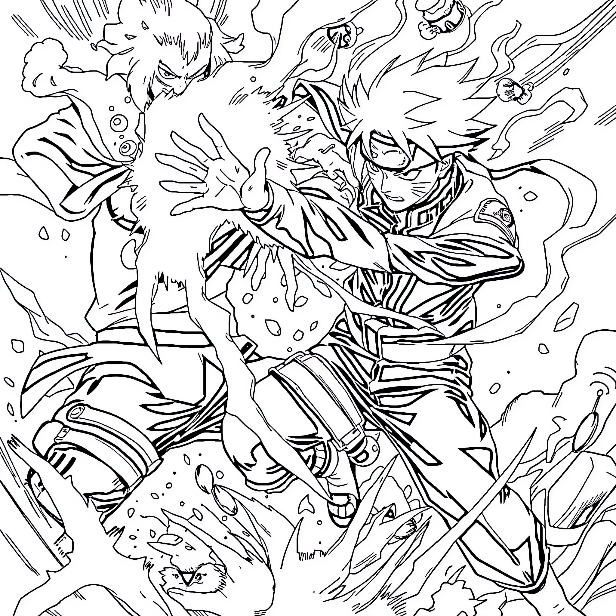 Naruto in intense battle with fierce opponent Coloring Page (free black-and-white line drawing printable PDF for all, from beginners to advanced learners, including children, teens, adults, and seniors)