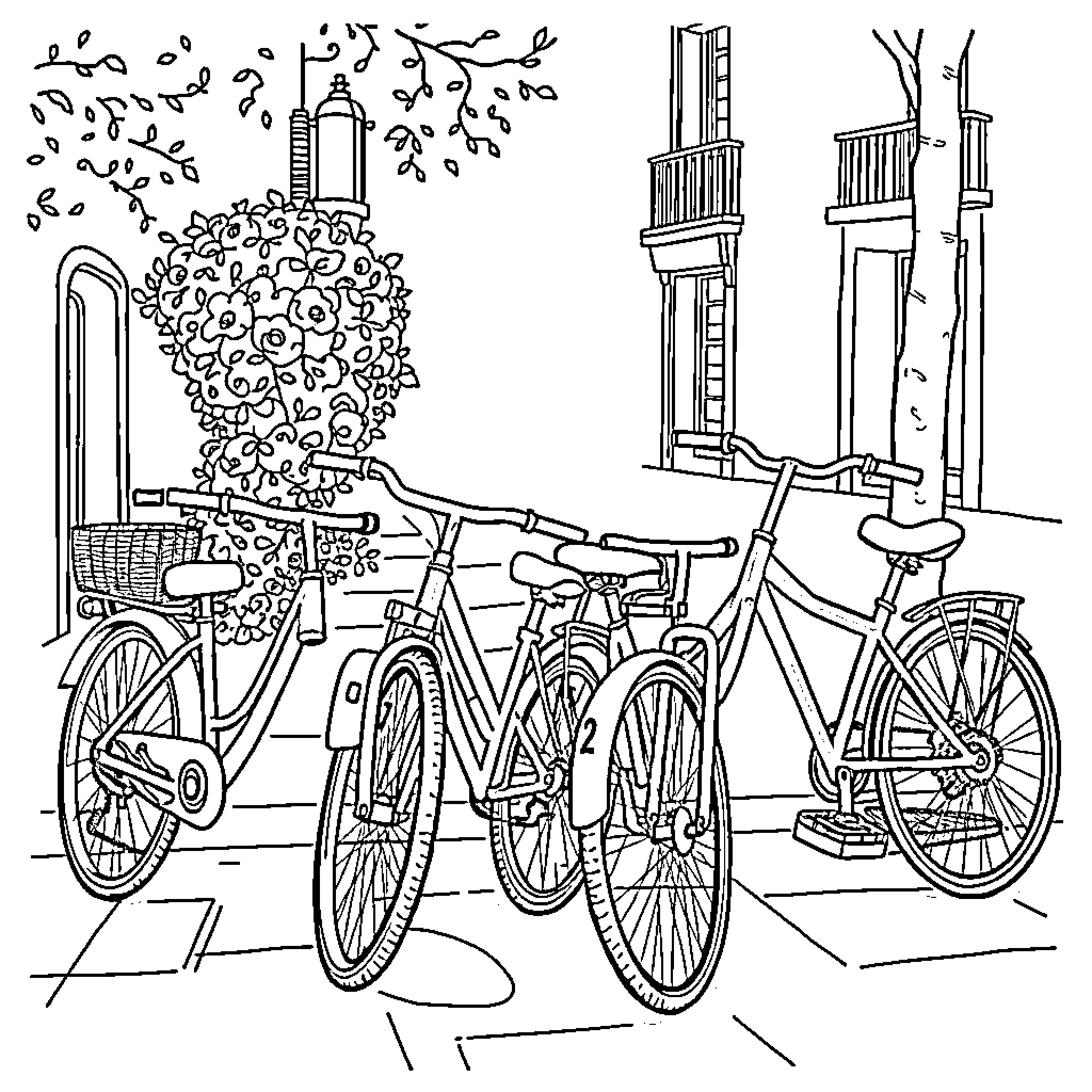 Bicycles parked in a city street Coloring Page (free black-and-white line drawing printable PDF for all, from beginners to advanced learners, including children, teens, adults, and seniors)
