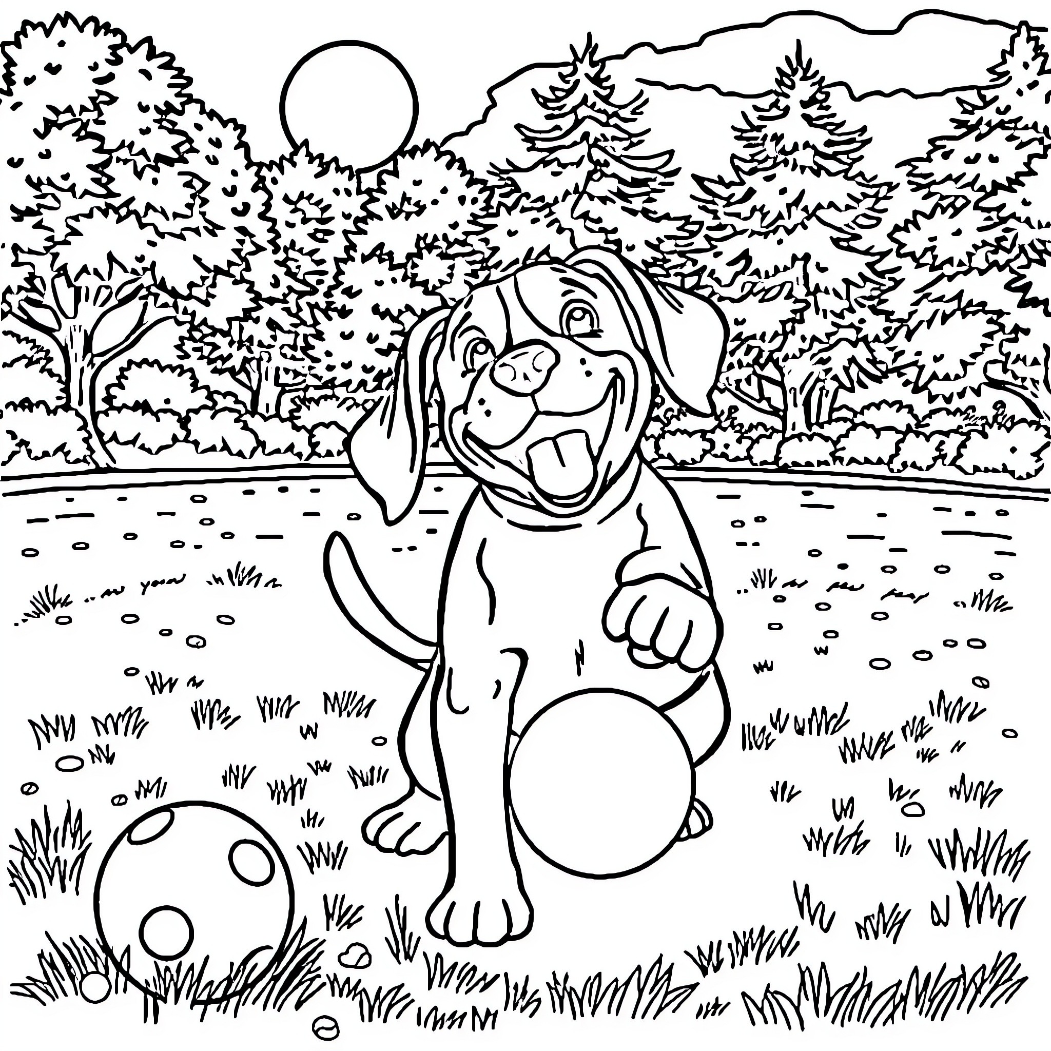 Beagle enjoying nature in the forest Coloring Page (free black-and-white line drawing printable PDF for all, from beginners to advanced learners, including children, teens, adults, and seniors)