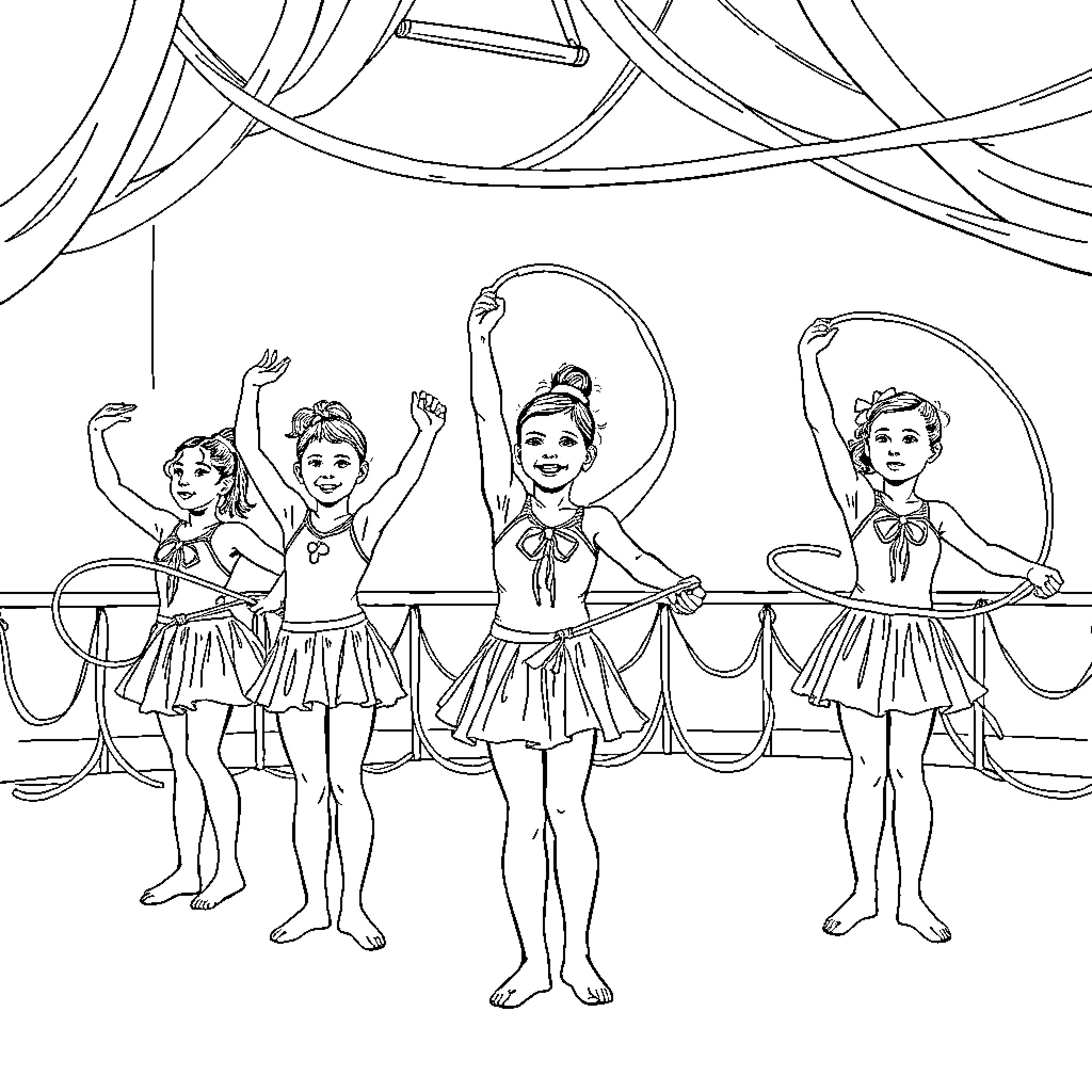Rhythmic Gymnastics Performance with Dancers in Costumes Coloring Page (free black-and-white line drawing printable PDF for all, from beginners to advanced learners, including children, teens, adults, and seniors)