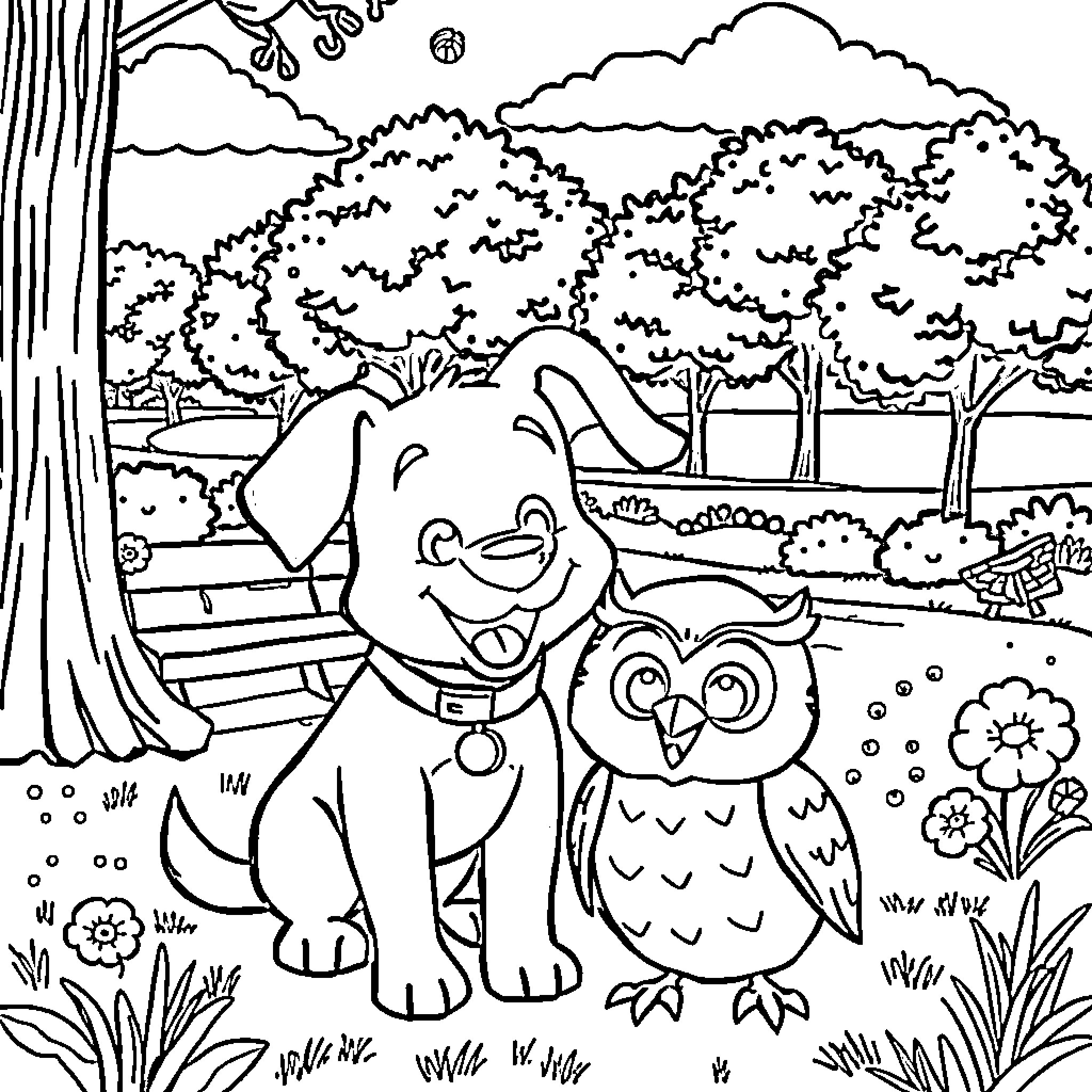 Bluey and Bingo's Adventure in the Enchanted Forest Coloring Page (free black-and-white line drawing printable PDF for all, from beginners to advanced learners, including children, teens, adults, and seniors)