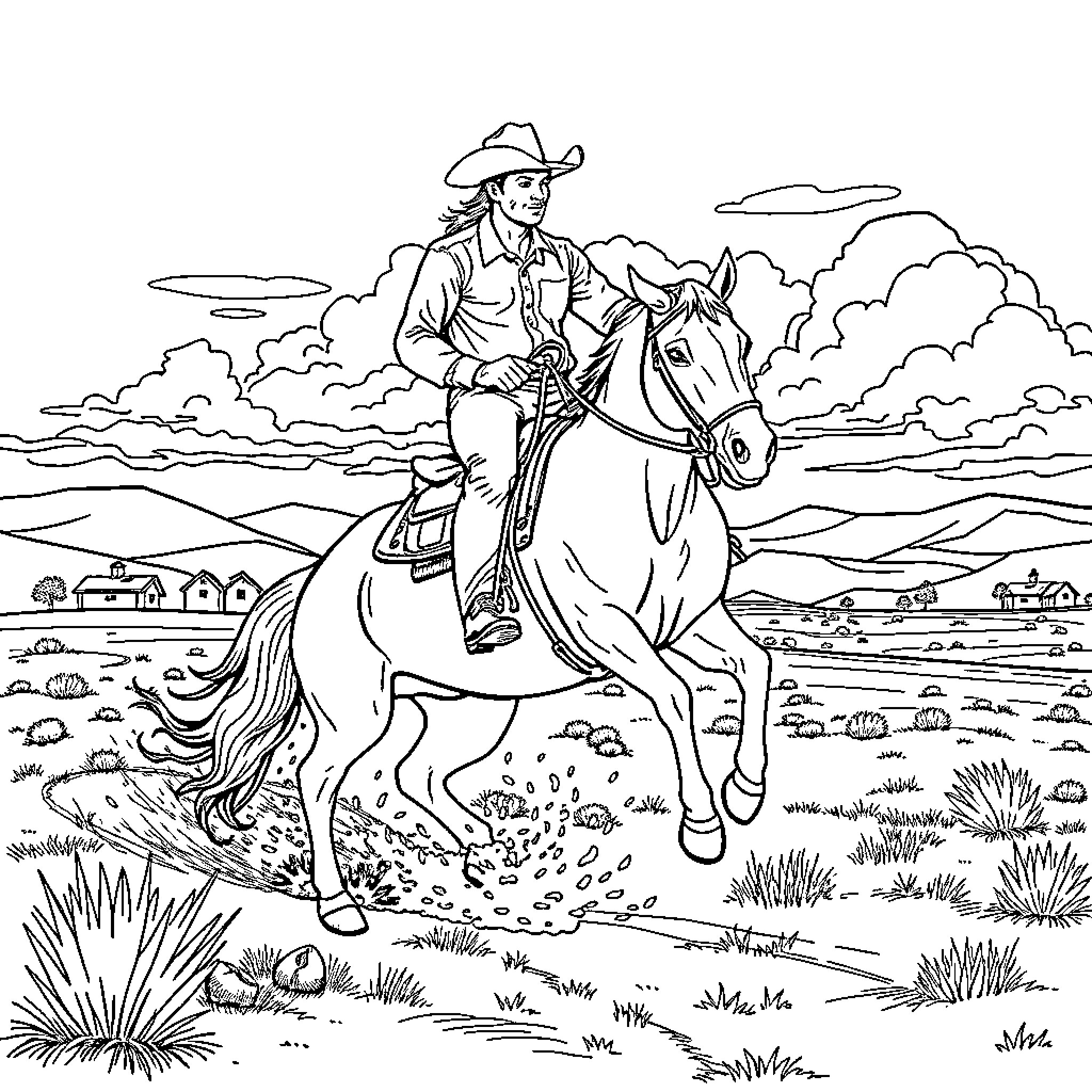 Cowboy riding horse across open landscape Coloring Page (free black-and-white line drawing printable PDF for all, from beginners to advanced learners, including children, teens, adults, and seniors)
