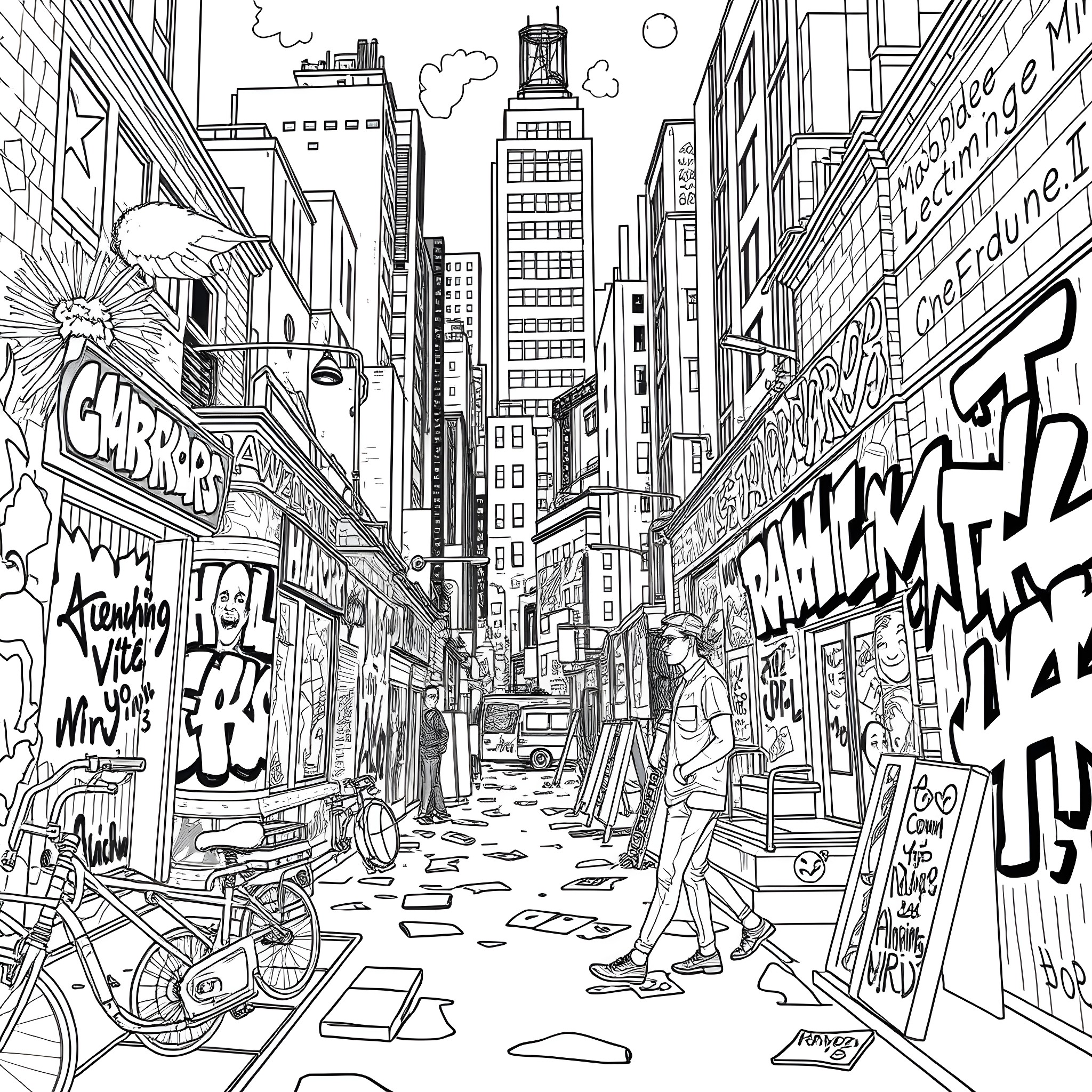 Graffiti-covered street with busy urban scene Coloring Page (free black-and-white line drawing printable PDF for all, from beginners to advanced learners, including children, teens, adults, and seniors)