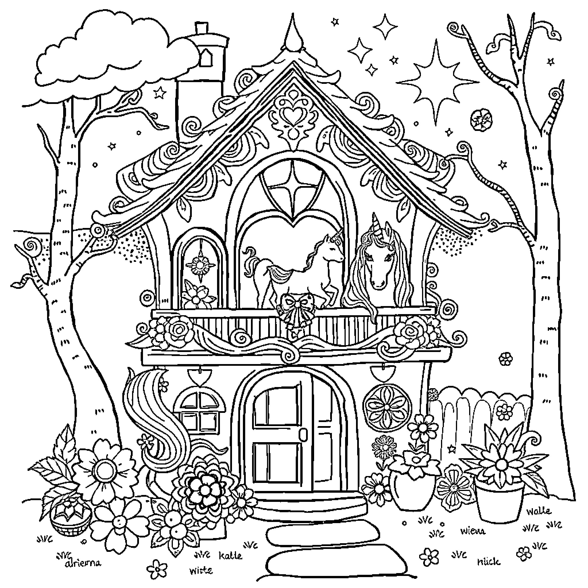 Unicorn Enchanted Cottage in Whimsical Forest Coloring Page (free black-and-white line drawing printable PDF for all, from beginners to advanced learners, including children, teens, adults, and seniors)