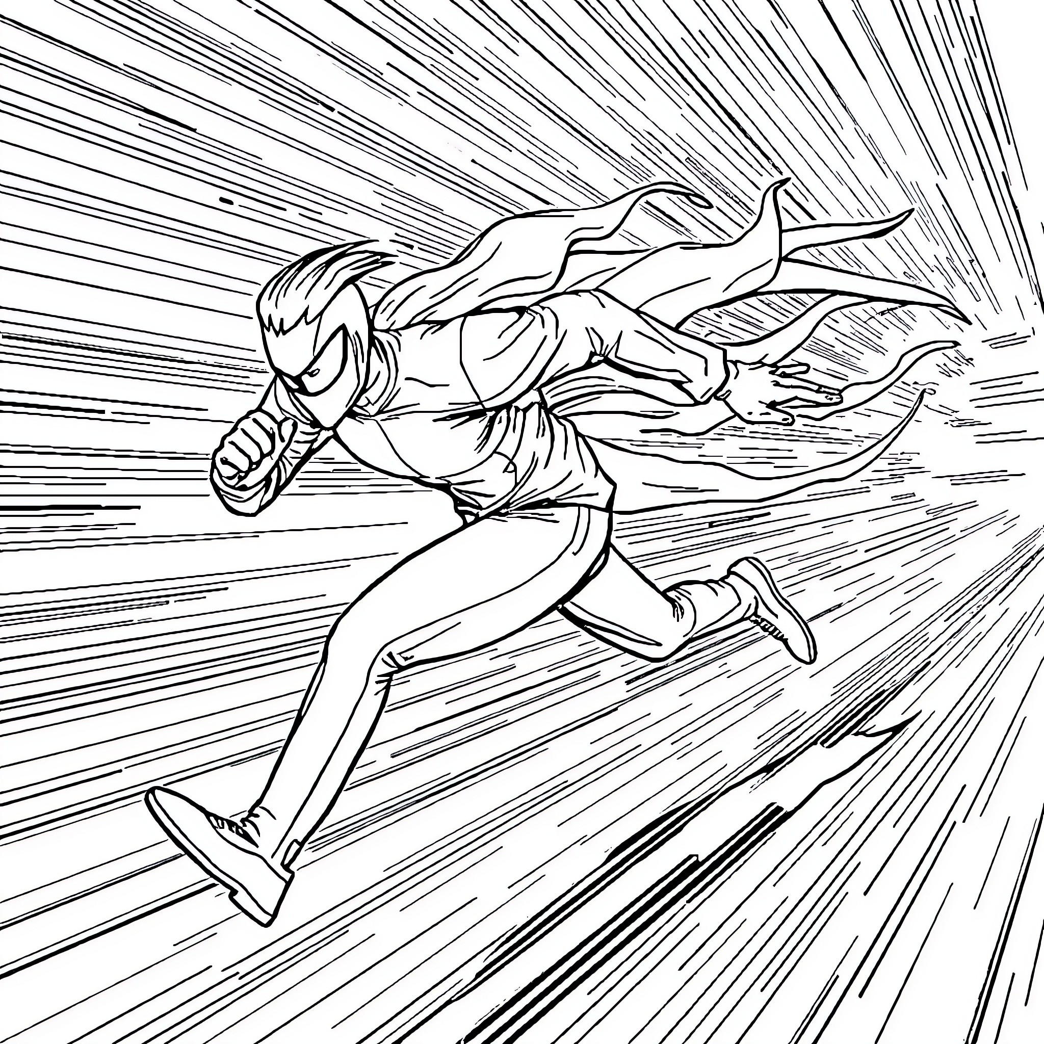 Supersonic hero soaring through the city Coloring Page (free black-and-white line drawing printable PDF for all, from beginners to advanced learners, including children, teens, adults, and seniors)