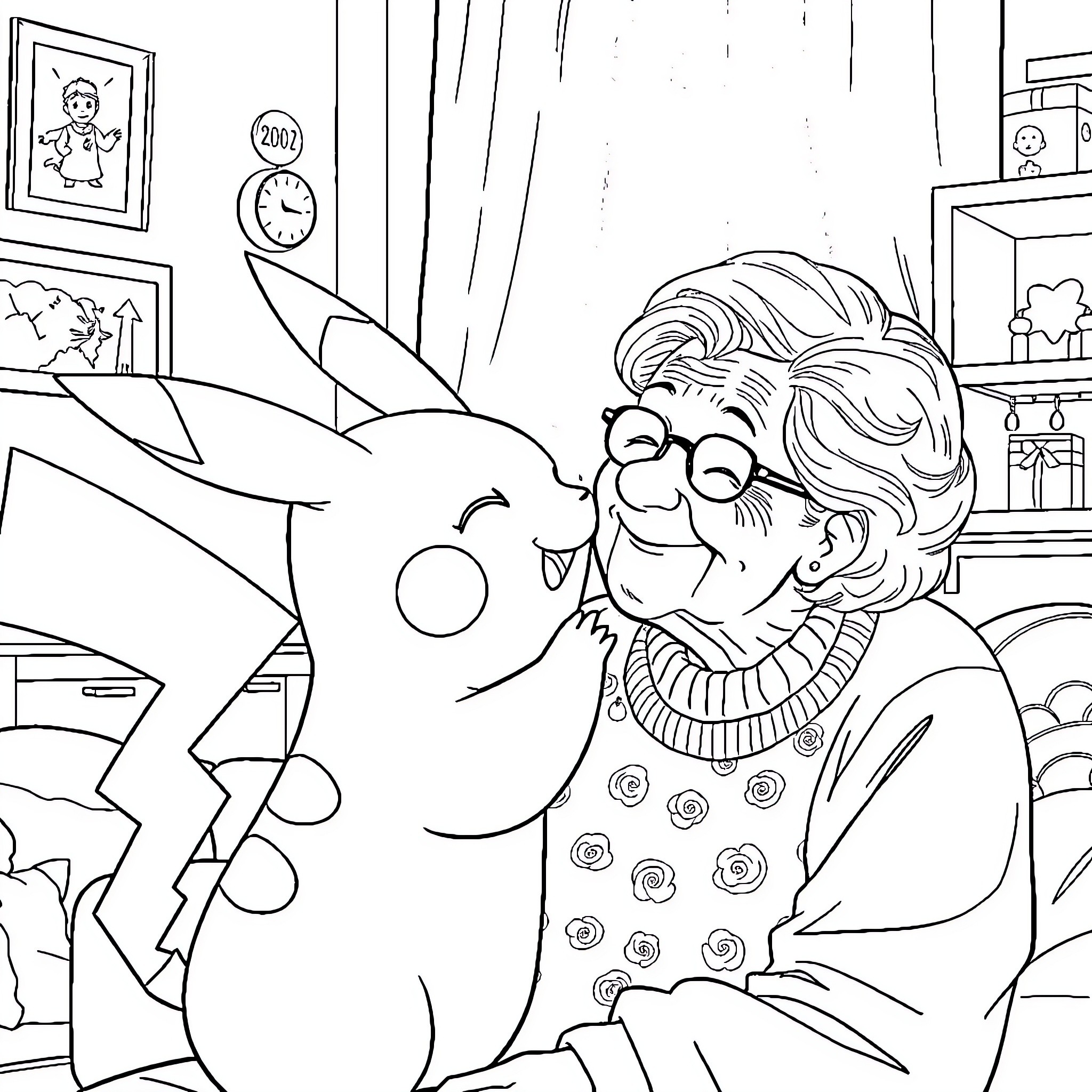 Pikachu and the Cheerful Elderly Lady Coloring Page (free black-and-white line drawing printable PDF for all, from beginners to advanced learners, including children, teens, adults, and seniors)