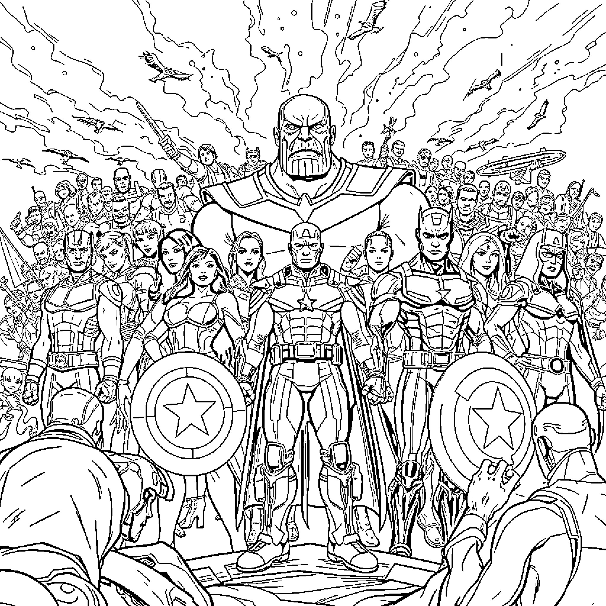 Avenger heroes assembling for epic battle Coloring Page (free black-and-white line drawing printable PDF for all, from beginners to advanced learners, including children, teens, adults, and seniors)