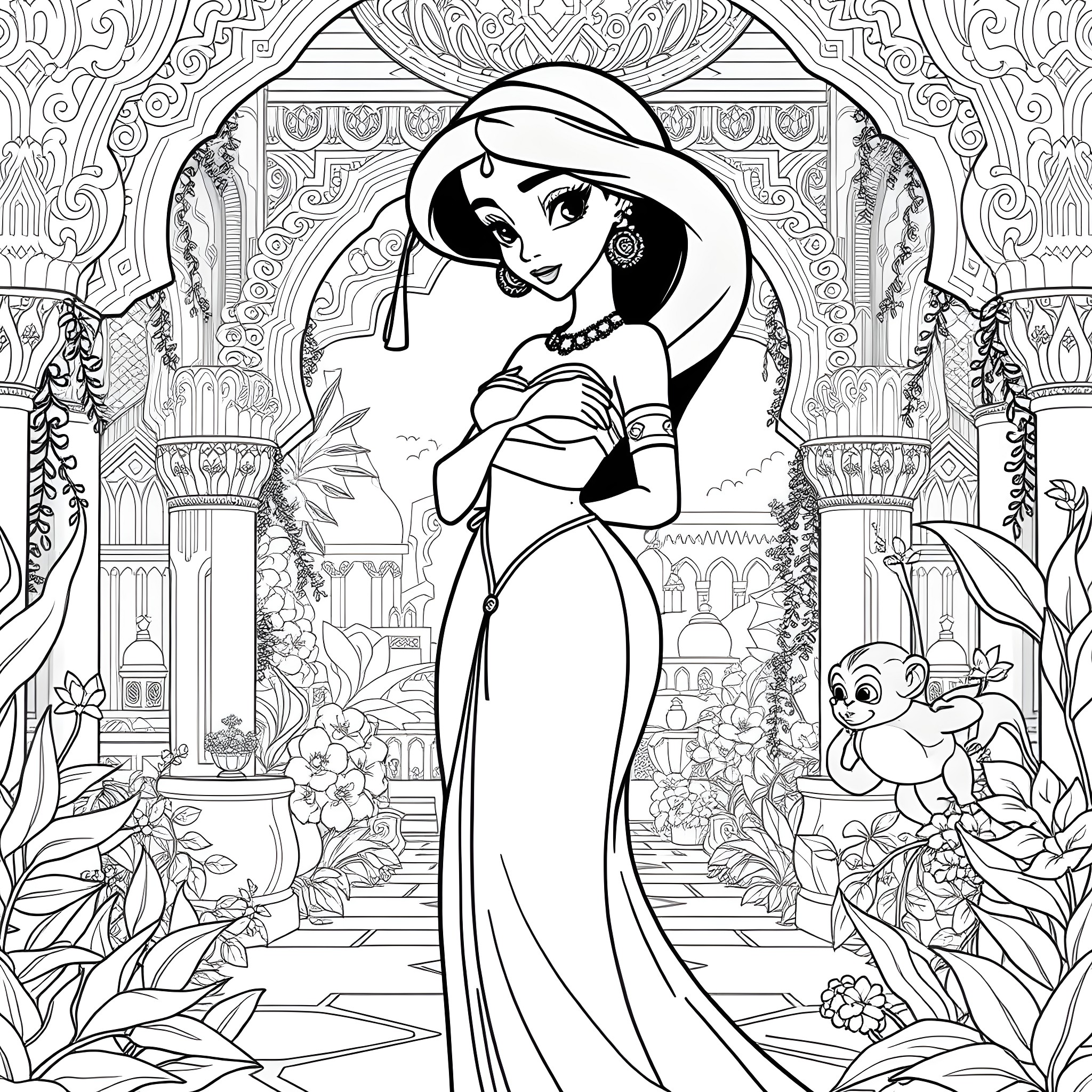 Jasmine in a beautiful palace scene Coloring Page (free black-and-white line drawing printable PDF for all, from beginners to advanced learners, including children, teens, adults, and seniors)