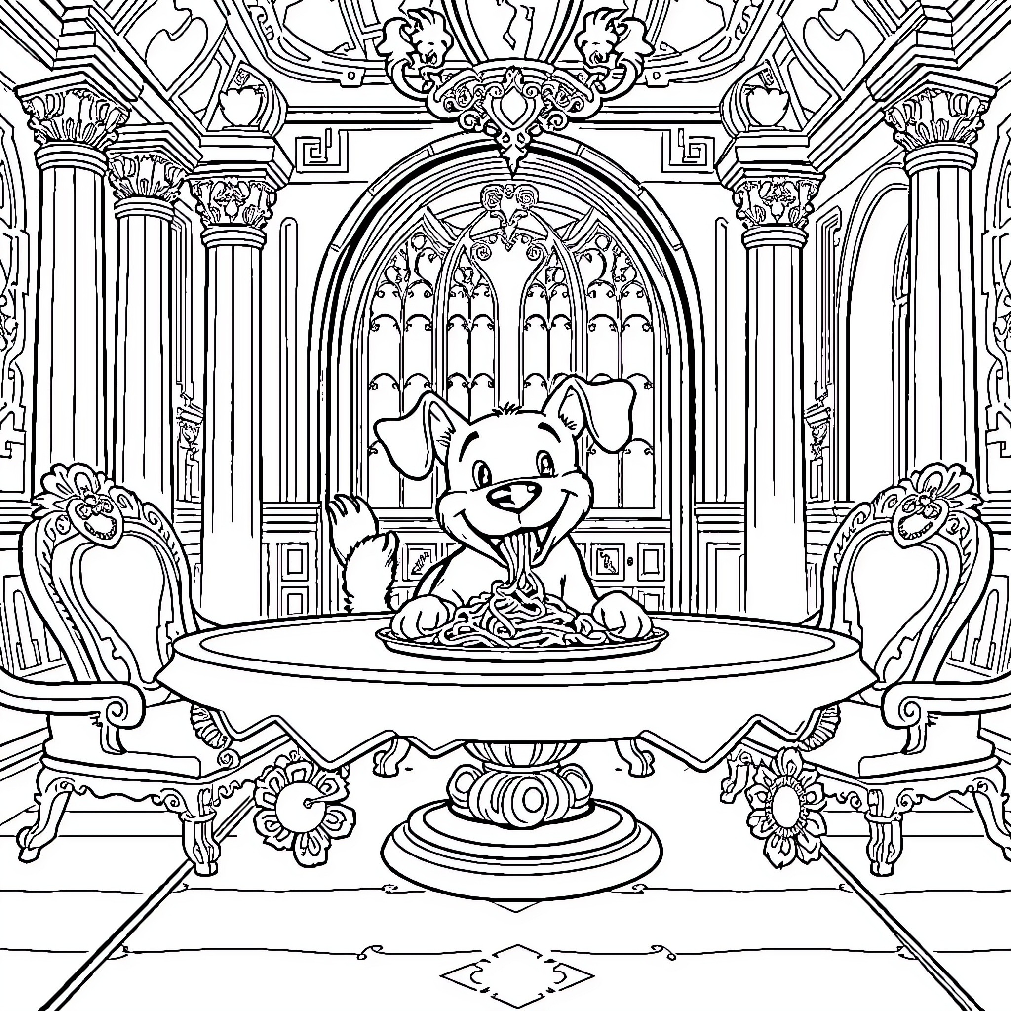 Dog enjoying a feast in an ornate dining hall Coloring Page (free black-and-white line drawing printable PDF for all, from beginners to advanced learners, including children, teens, adults, and seniors)