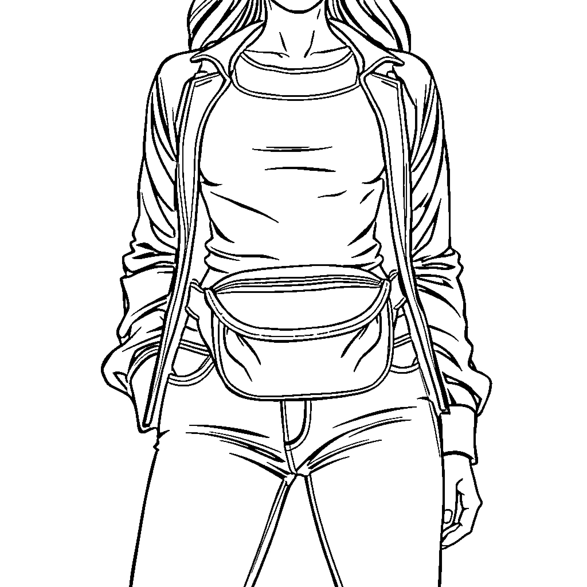 Lady in Casual Outfit with Backpack Coloring Page (free black-and-white line drawing printable PDF for all, from beginners to advanced learners, including children, teens, adults, and seniors)