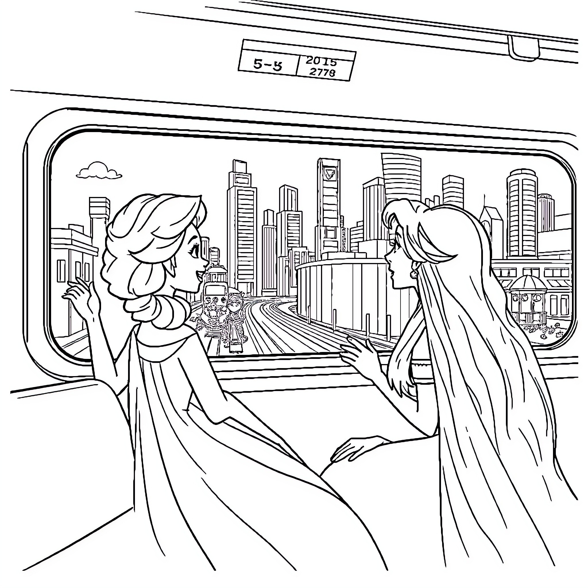Princess traveling through the city by train Coloring Page (free black-and-white line drawing printable PDF for all, from beginners to advanced learners, including children, teens, adults, and seniors)