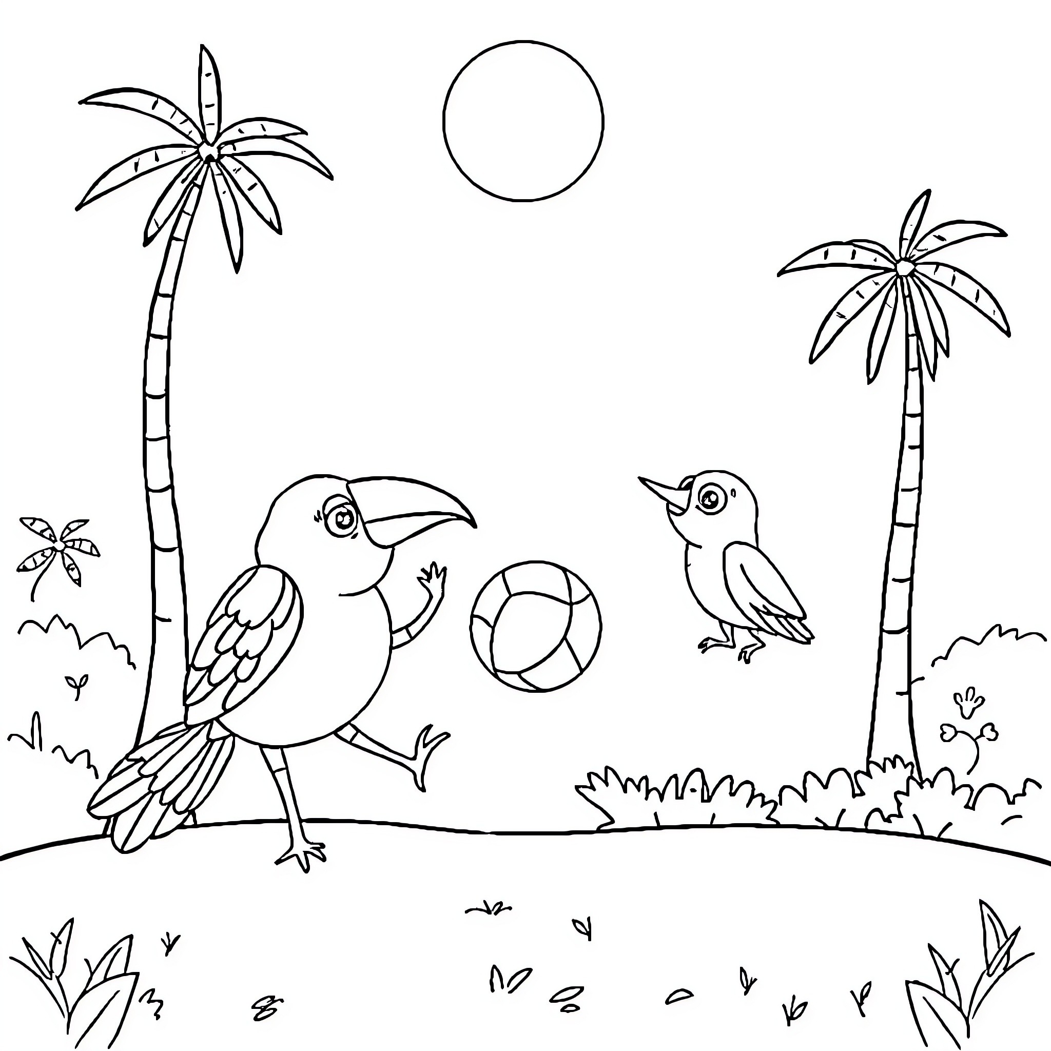 Jabuti birds playing on a tropical beach Coloring Page (free black-and-white line drawing printable PDF for all, from beginners to advanced learners, including children, teens, adults, and seniors)