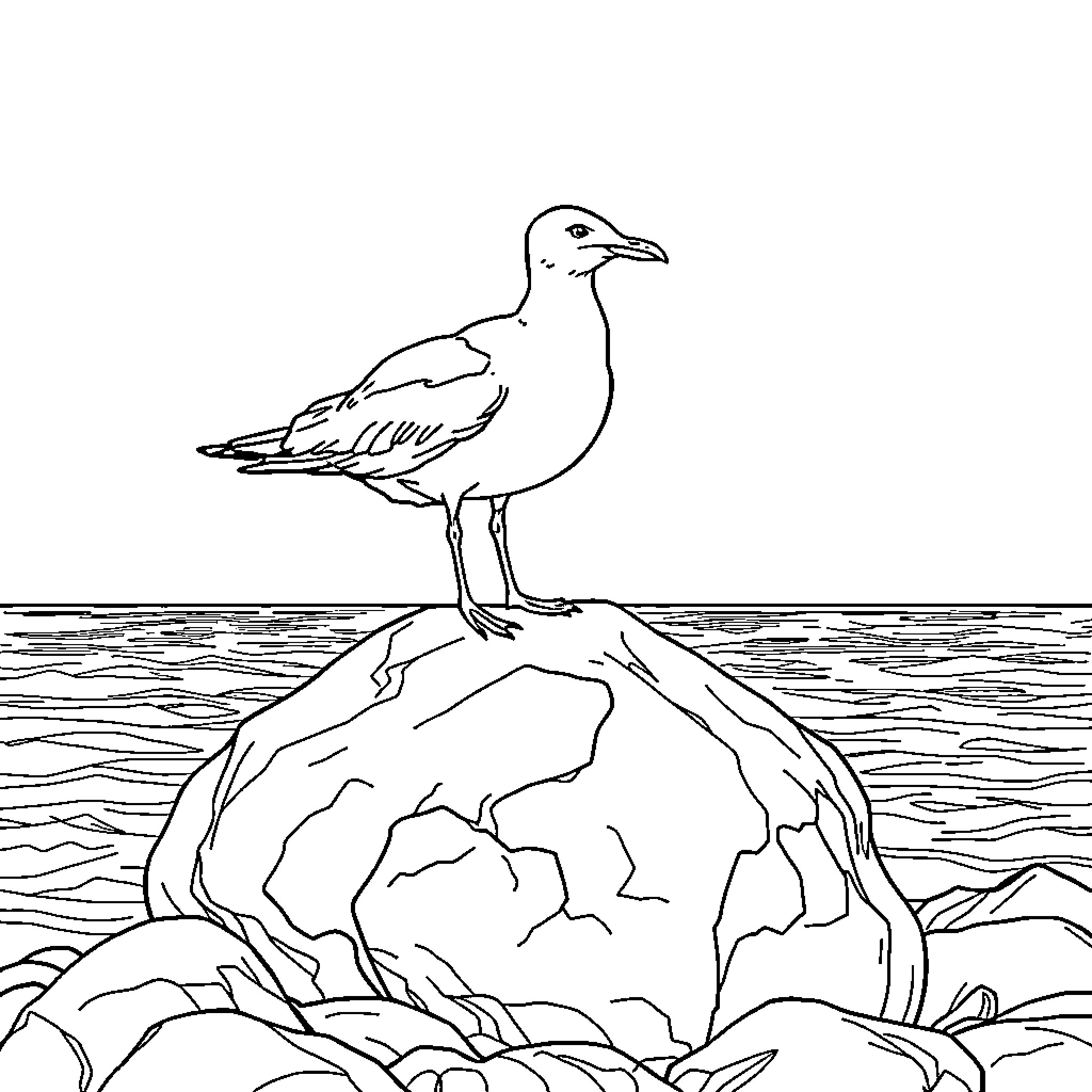 Seagull perched on a rocky shore Coloring Page (free black-and-white line drawing printable PDF for all, from beginners to advanced learners, including children, teens, adults, and seniors)