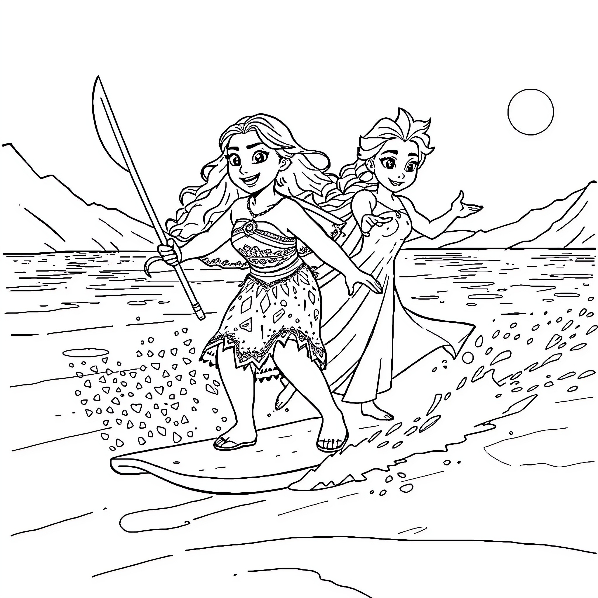 Moana and Elsa going on an adventure by the sea Coloring Page (free black-and-white line drawing printable PDF for all, from beginners to advanced learners, including children, teens, adults, and seniors)
