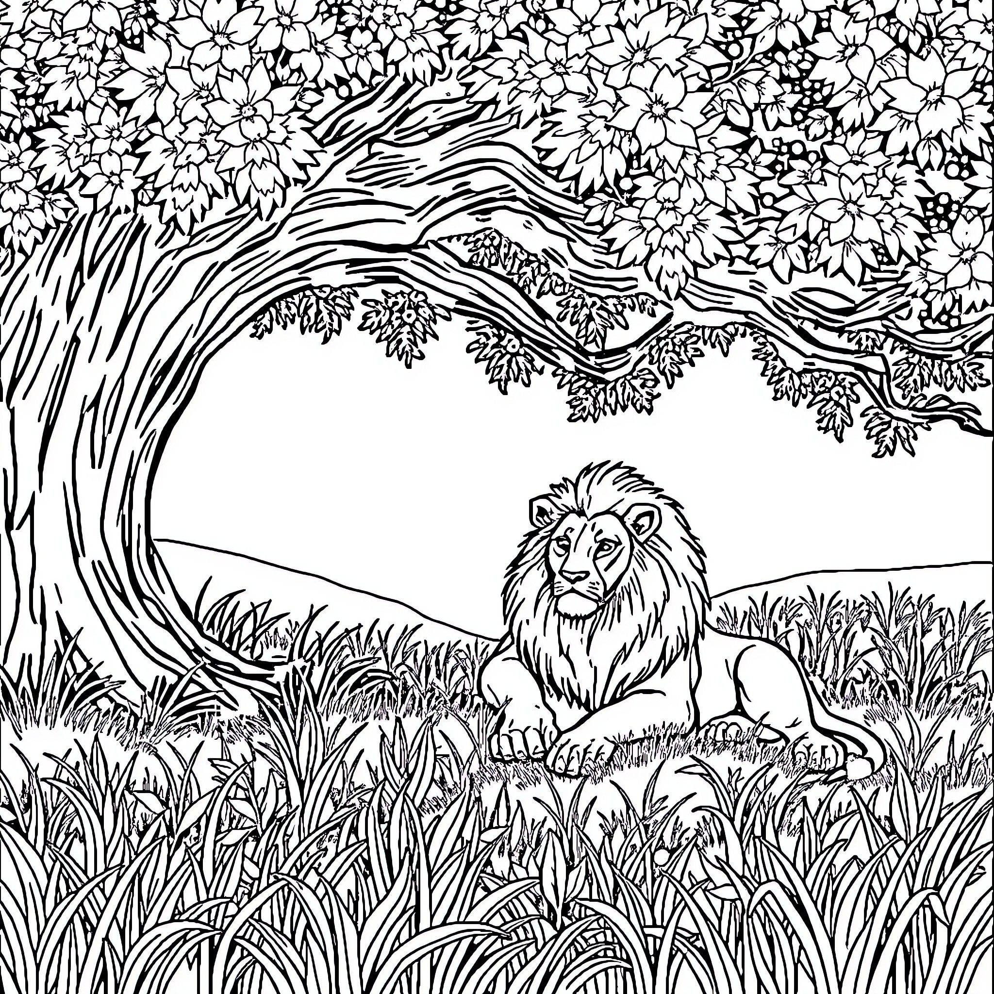 Lion resting in the serene floral landscape Coloring Page (free black-and-white line drawing printable PDF for all, from beginners to advanced learners, including children, teens, adults, and seniors)