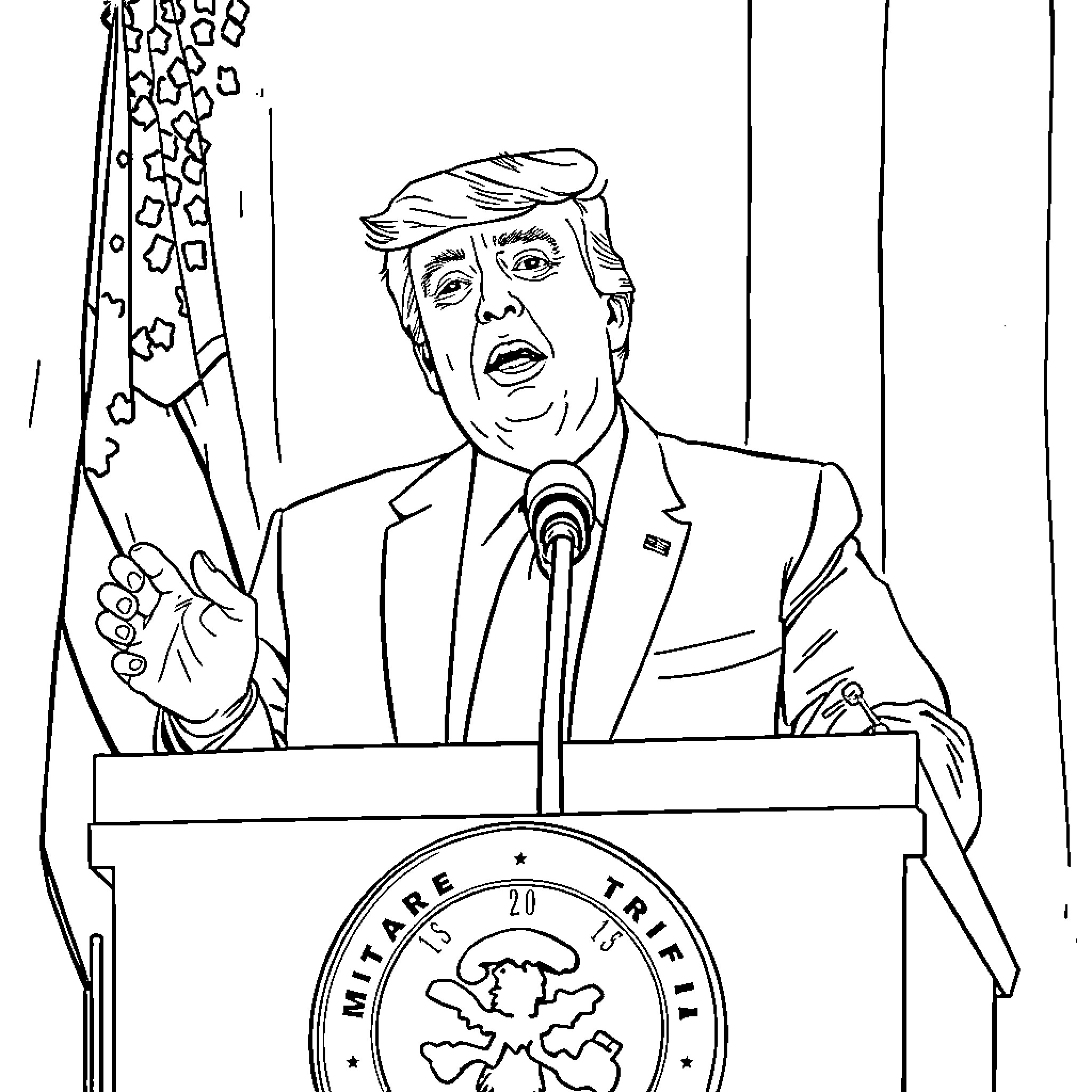 Tariff executive orders and speeches by political figure Coloring Page (free black-and-white line drawing printable PDF for all, from beginners to advanced learners, including children, teens, adults, and seniors)
