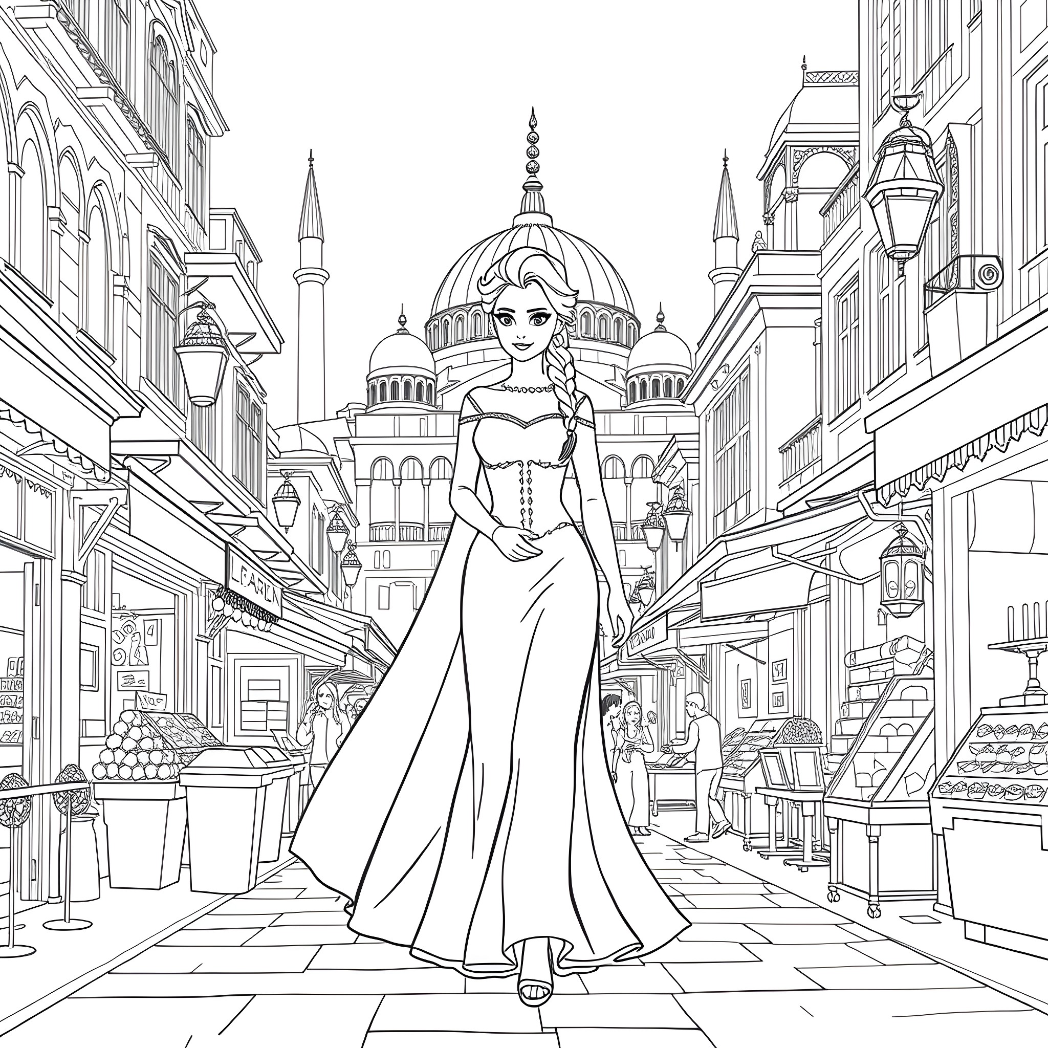 Princess in Elegant Dress Strolling Through Bustling City Coloring Page (free black-and-white line drawing printable PDF for all, from beginners to advanced learners, including children, teens, adults, and seniors)
